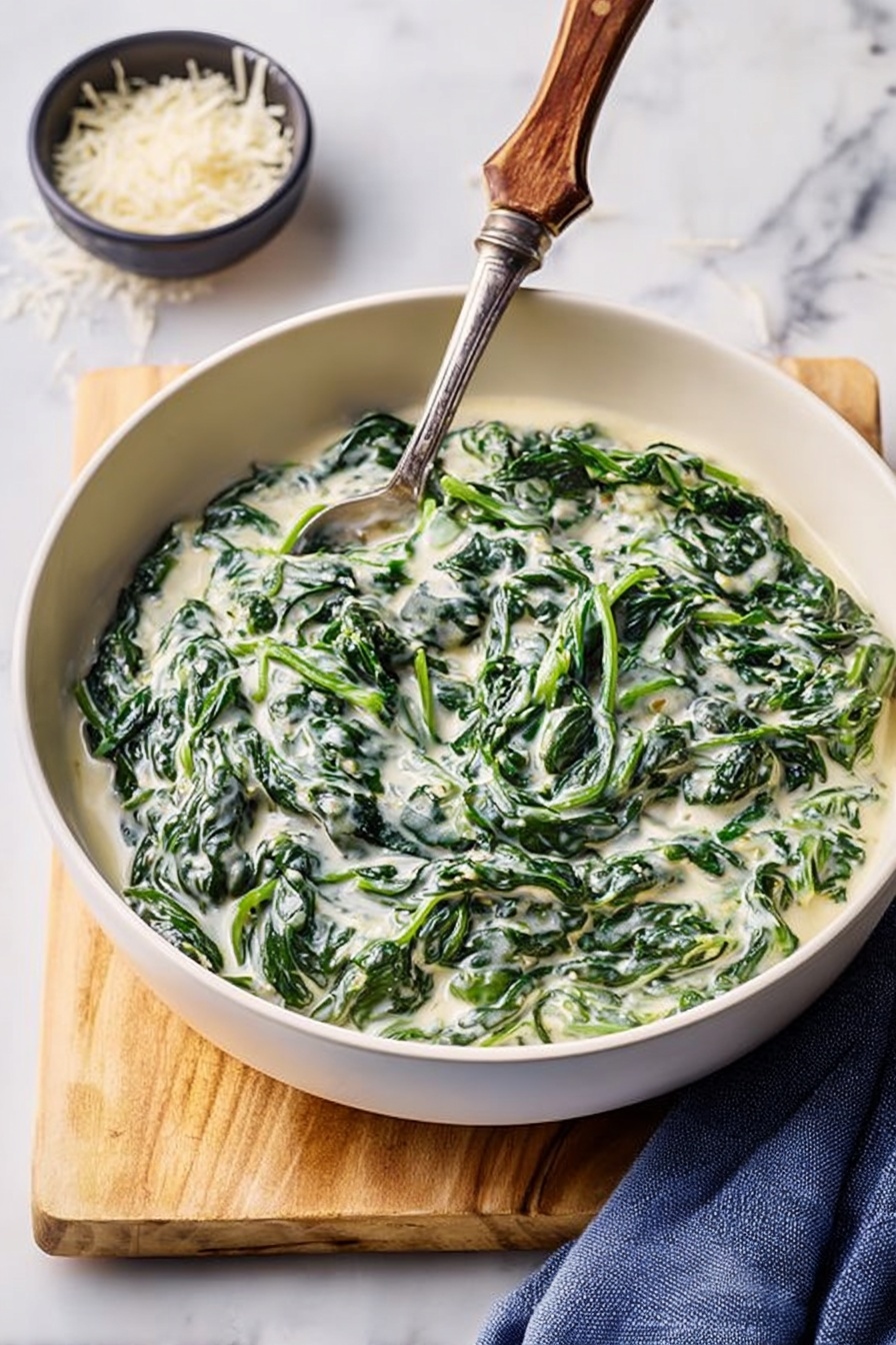 The image shows a white bowl filled with creamy spinach. The dish has two main layers: the green spinach leaves mixed evenly with a thick, light cream sauce. The spinach looks fresh and slightly wilted, with the creamy sauce coating each leaf smoothly. A silver spoon with a wooden handle rests inside the bowl, partially submerged in the spinach and cream. The bowl is placed on a light wooden cutting board, set on a white marbled surface. To the right of the bowl, a folded blue cloth is visible, and in the background, a small black bowl holds finely grated white cheese. Photo taken with an iphone --ar 2:3 --v 7