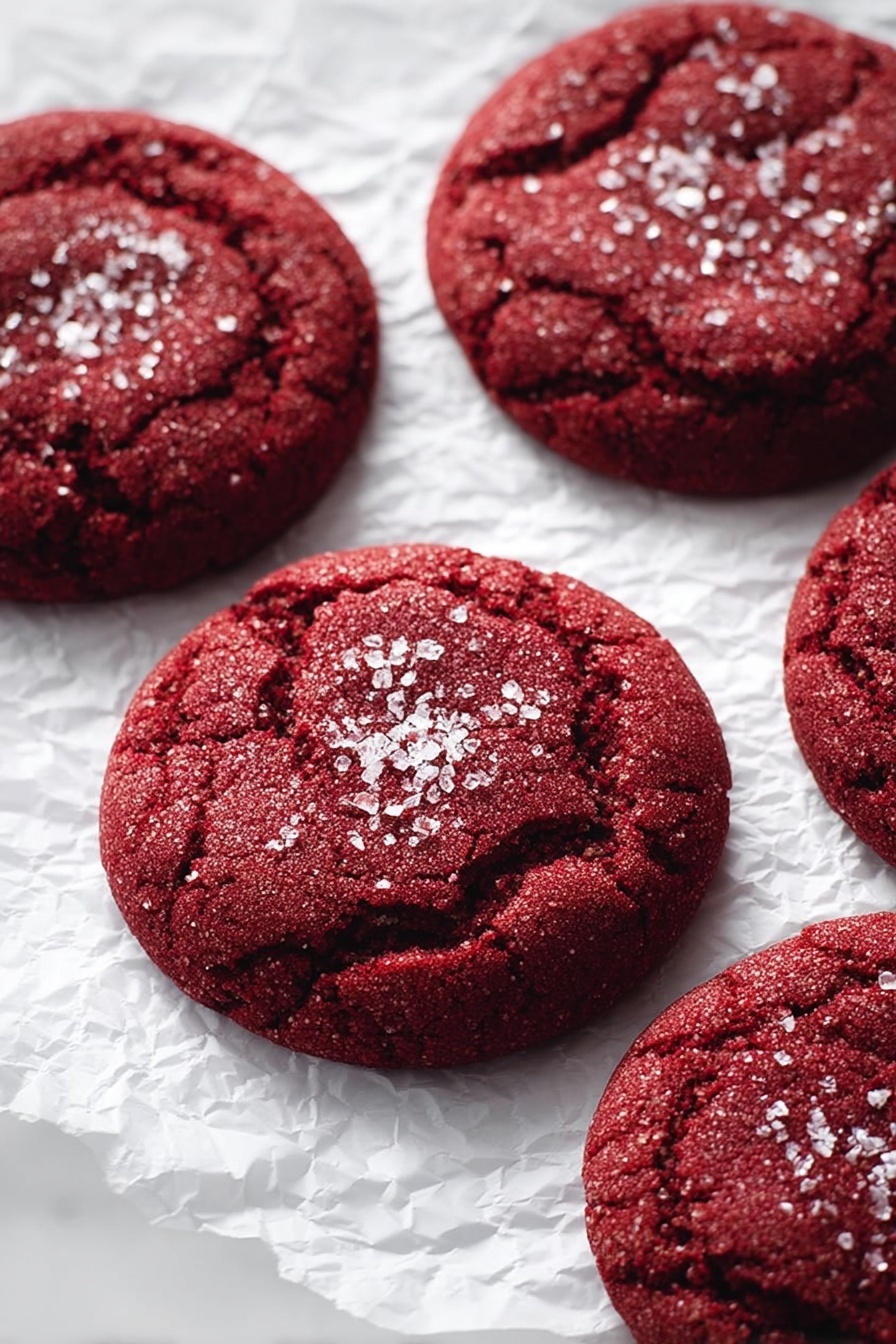 The image shows five round, thick red velvet cookies placed on crinkled white parchment paper, set on a white marbled surface. Each cookie has a deep red color with a slightly cracked texture on the surface. The tops of the cookies are sprinkled with large, shiny white sugar crystals that catch the light. The cookies are arranged with one cookie in the center and the other four surrounding it, partially cropped by the image edges. Photo taken with an iphone --ar 2:3 --v 7