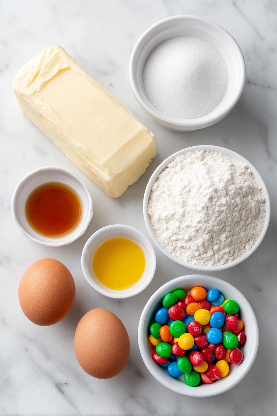 Flat lay of a smooth slab of unsalted butter, a small white ceramic bowl filled with granulated sugar, two whole brown eggs with clean shells, a small white ceramic bowl containing golden vanilla extract, a small white ceramic bowl with fine salt crystals, a neat mound of all-purpose flour, a small white ceramic bowl filled with coarse sparkling sugar crystals, and a small white ceramic bowl holding colorful crushed hard candies in assorted reds, greens, yellows, and blues, all arranged symmetrically in a balanced layout, placed on a clean white marble surface, soft natural light, photo taken with an iPhone, professional food photography style, fresh ingredients, white ceramic bowls, no bottles, no duplicates, no utensils, no packaging --ar 2:3 --v 7 --p m7354615311229779997
