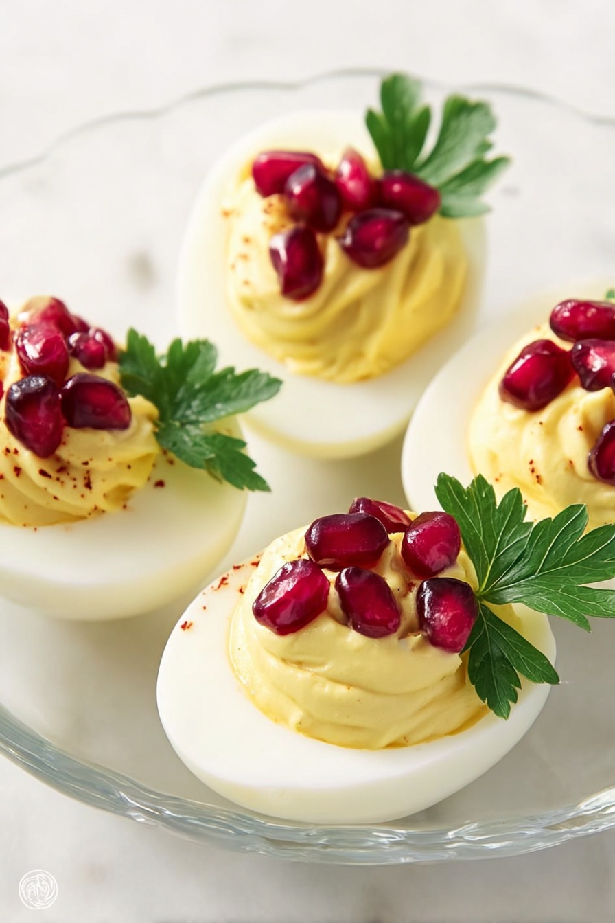 This image shows a white round plate on a white marbled surface, holding ten deviled egg halves. Each egg half has three layers: the white egg white base, a yellow creamy filling piped in a swirl with a smooth texture, topped with a small green flat parsley leaf and three shiny red pomegranate seeds placed beside the parsley. The eggs are arranged scattered but balanced across the plate. The photo was taken with an iphone --ar 2:3 --v 7