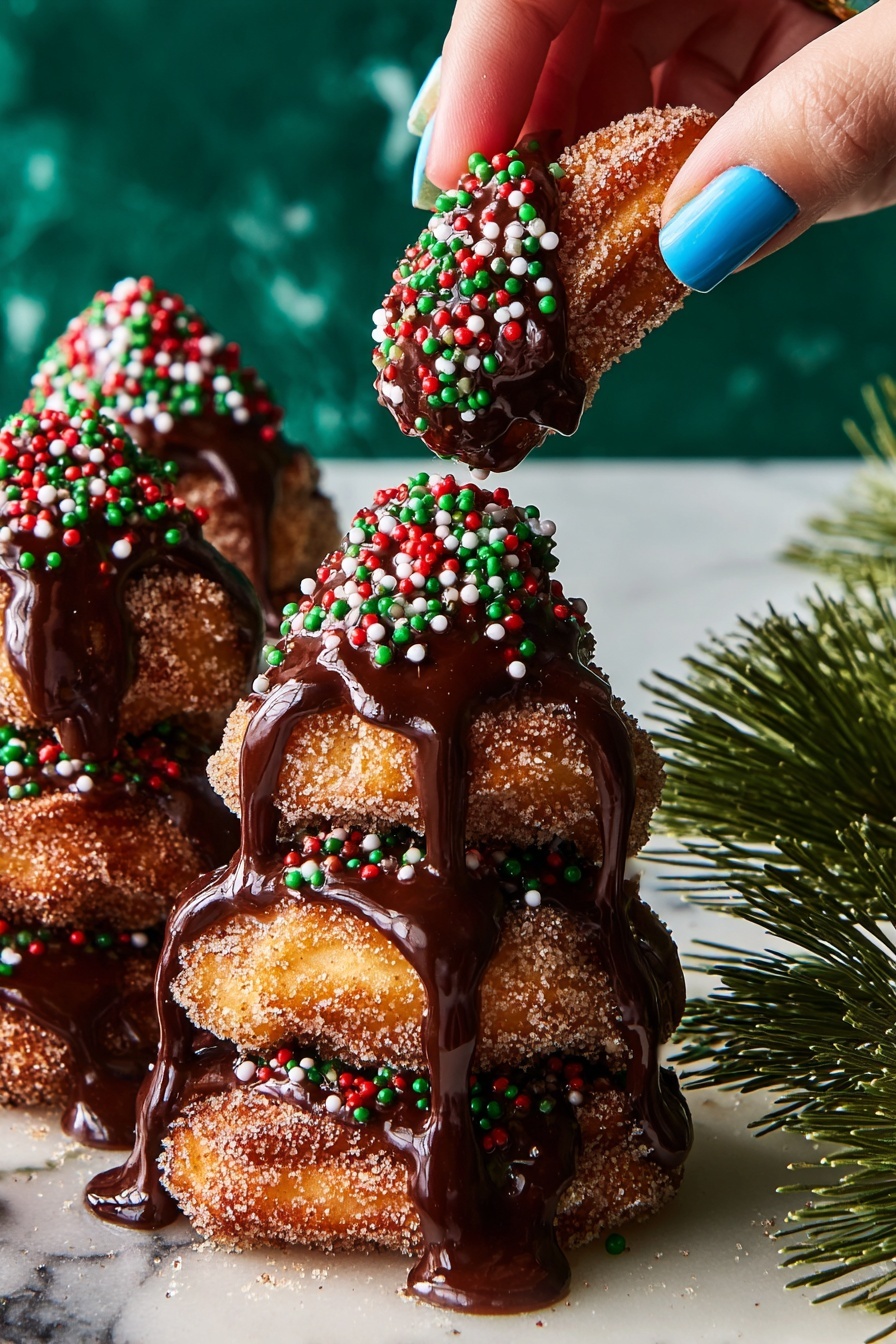The image shows three tower-shaped desserts made of three stacked, golden-brown cinnamon sugar-coated rings each. The rings are round and have a slightly rough texture from the sugar. Each tower is covered with thick, dark chocolate sauce dripping down the sides, topped with red, green, and white small round sprinkles, and a dusting of white powdered sugar. The towers are placed on a white marbled surface, with a greenish blurred background. There are some sprinkles falling from above over the towers. photo taken with an iphone --ar 2:3 --v 7