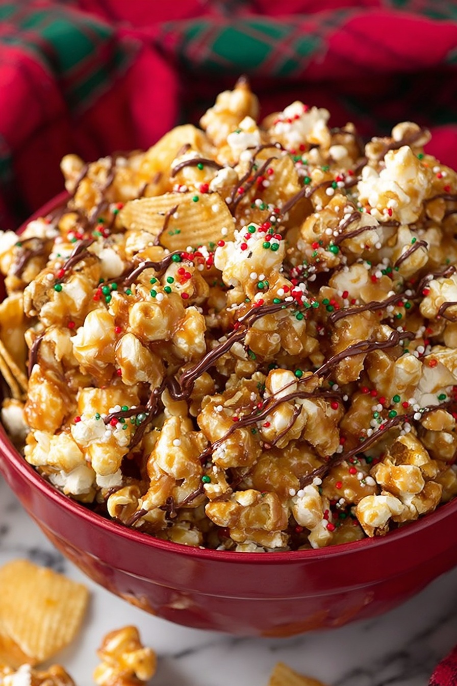 A close-up view of a red bowl filled with caramel popcorn mixed with light brown potato chips. The popcorn is coated with a shiny caramel layer, drizzled with thin lines of chocolate, and sprinkled with small red, green, and white round sprinkles. Some popcorn and chips are spilled around the bowl on a white marbled surface with a red and green cloth in the background. The texture of the caramel popcorn is slightly shiny and sticky, while the potato chips are smooth and crisp. photo taken with an iphone --ar 2:3 --v 7