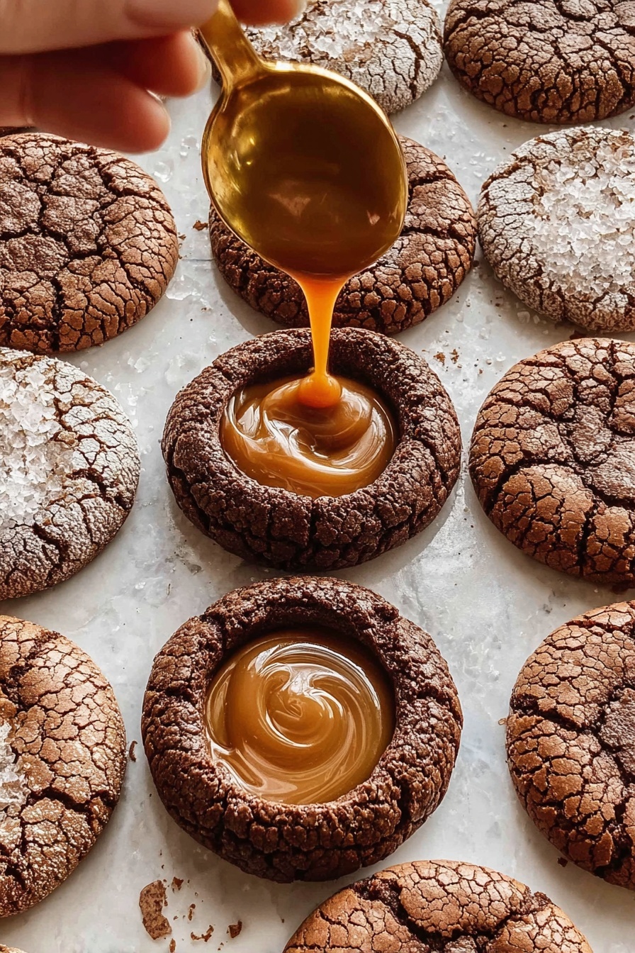 The image shows several round chocolate cookies arranged closely on a white marbled surface. Each cookie has two layers: a dark brown cracked chocolate base with a rough texture and a smooth golden caramel center, which is glossy and slightly liquid-looking. The caramel centers are sprinkled with small white salt flakes on top. There are pieces of dark chocolate scattered among the cookies. Photo taken with an iphone --ar 2:3 --v 7