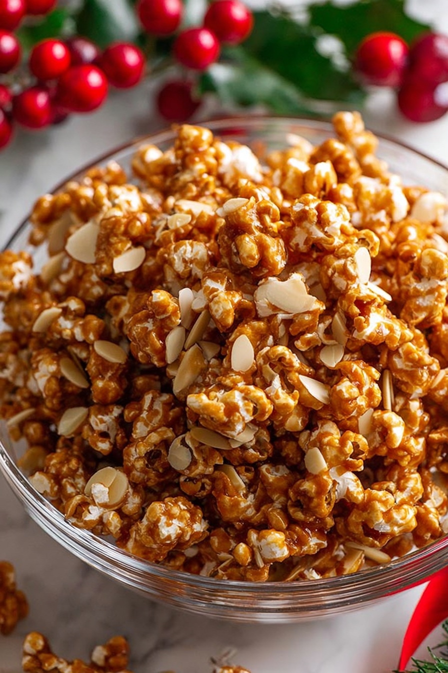 The image shows a clear glass bowl filled with caramel popcorn mixed with slivered almonds. The popcorn is golden brown with a shiny caramel coating, creating a crispy texture, while the almond slivers add a light tan color and a crunchy contrast scattered evenly throughout the bowl. The bowl is placed on a white marbled surface, with red berries and a pine cone blurred in the background, adding a festive touch. photo taken with an iphone --ar 2:3 --v 7
