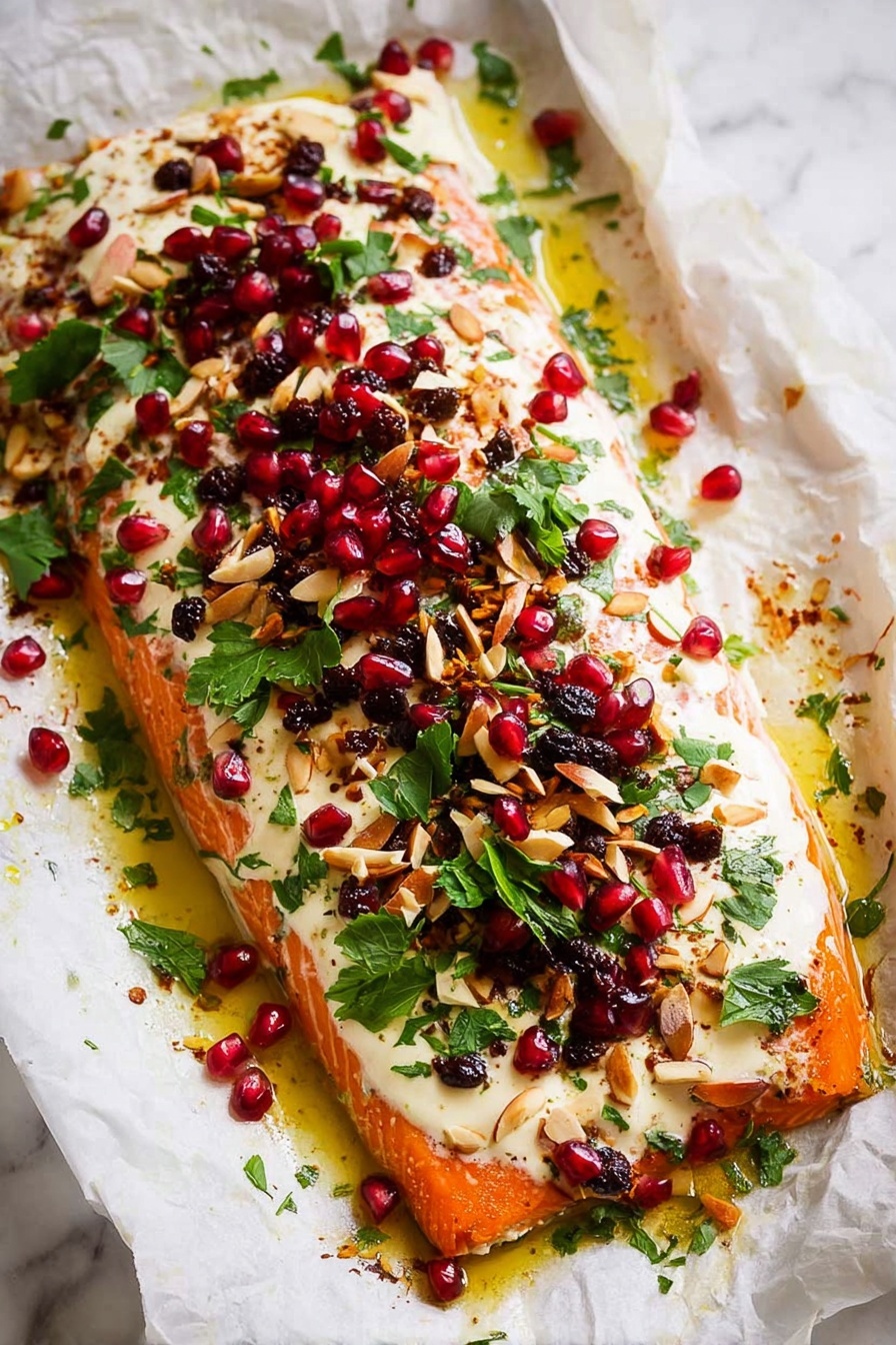 A large rectangular piece of cooked salmon with a rich orange color forms the base layer, resting on white parchment paper atop a white marbled surface. The second layer is a thick covering of creamy white sauce spread evenly over the salmon. On top, there is a vibrant mix of small red pomegranate seeds, dark raisins, and light brown toasted slivered almonds scattered across the sauce. Fresh green parsley leaves garnish the dish, adding bright green spots throughout. The edges of the salmon have a slight golden brown color from cooking. There is a visible pool of golden oil or sauce gathered around the edges. photo taken with an iphone --ar 2:3 --v 7
