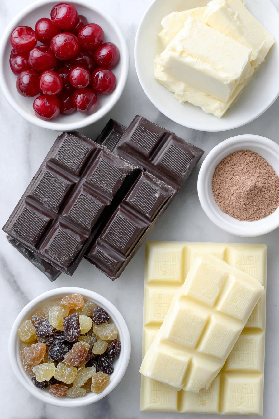 Flat lay of a small white ceramic bowl filled with thickened cream, finely chopped blocks of dark cooking chocolate, a small white bowl of ground cinnamon powder, a small white bowl of homemade fruit mince with visible raisins and chopped dried fruits, a simple white ceramic plate with even pieces of milk cooking chocolate, another small white bowl with smooth white cooking chocolate chunks, and a neat arrangement of nine halved bright red glacé cherries, all placed on a clean white marble surface, soft natural light, photo taken with an iPhone, professional food photography style, fresh ingredients, white ceramic bowls, no bottles, no duplicates, no utensils, no packaging --ar 2:3 --v 7 --p m7354615311229779997