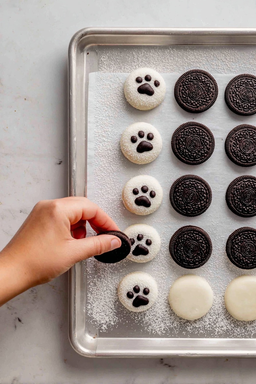 On a wooden board placed on a white marbled surface with a red cloth partially under it, there are four small round treats. Each treat has a dark brown base, topped with a thick layer of white shredded coconut and creamy white frosting. On the frosting, dark chocolate candies are arranged in a paw print pattern, with one larger round chocolate in the center and five smaller round chocolates surrounding it like toes. The treats look soft and textured, with the chocolate pieces shiny and smooth. photo taken with an iphone --ar 2:3 --v 7
