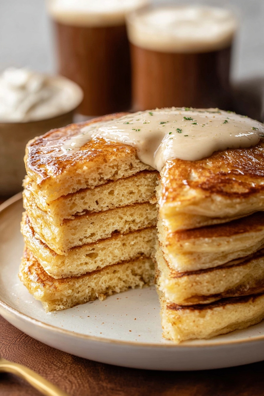 A stack of seven thick pancakes with a golden brown crust is shown on a white plate. The top pancake has a dollop of light brown creamy sauce that looks soft and slightly melting, spreading gently over its edges. Half of the pancakes are sliced vertically, revealing a fluffy, porous interior with a pale yellow color. In the blurred background, dark and light brown drinks with whipped foam tops are placed on a white marbled surface. photo taken with an iphone --ar 2:3 --v 7