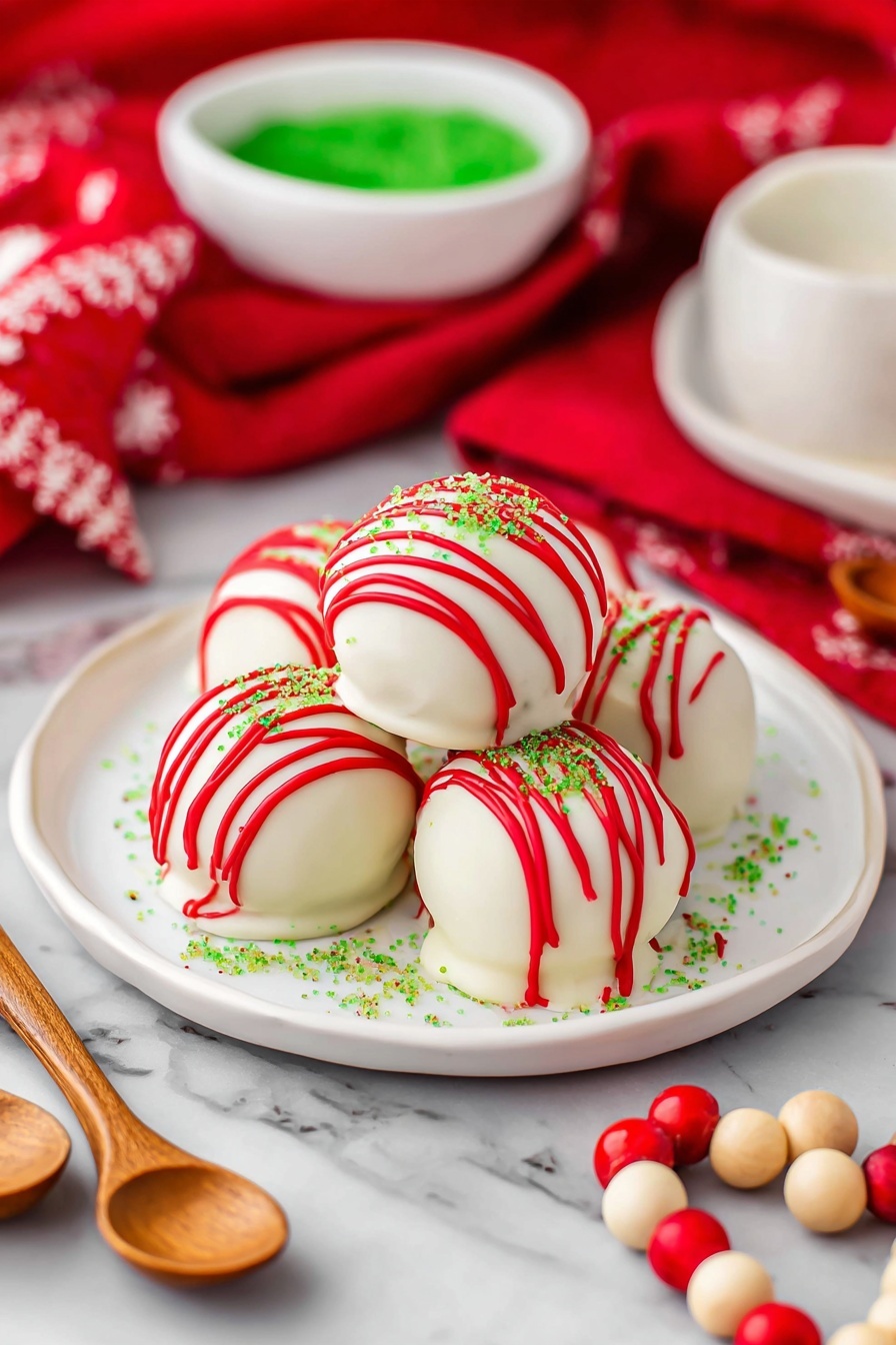 A stack of three white round plates holds five round treats covered in smooth white coating. Each treat is decorated with thin, bright red lines dripped over the top and some small green sprinkles scattered across the surface. The plates sit on a white marbled texture which is partly covered by a red cloth underneath. Around the plates are wooden spoons and a white bowl filled with green sprinkles. There are also red, white, and natural wooden beads scattered near the plates. Photo taken with an iphone --ar 2:3 --v 7