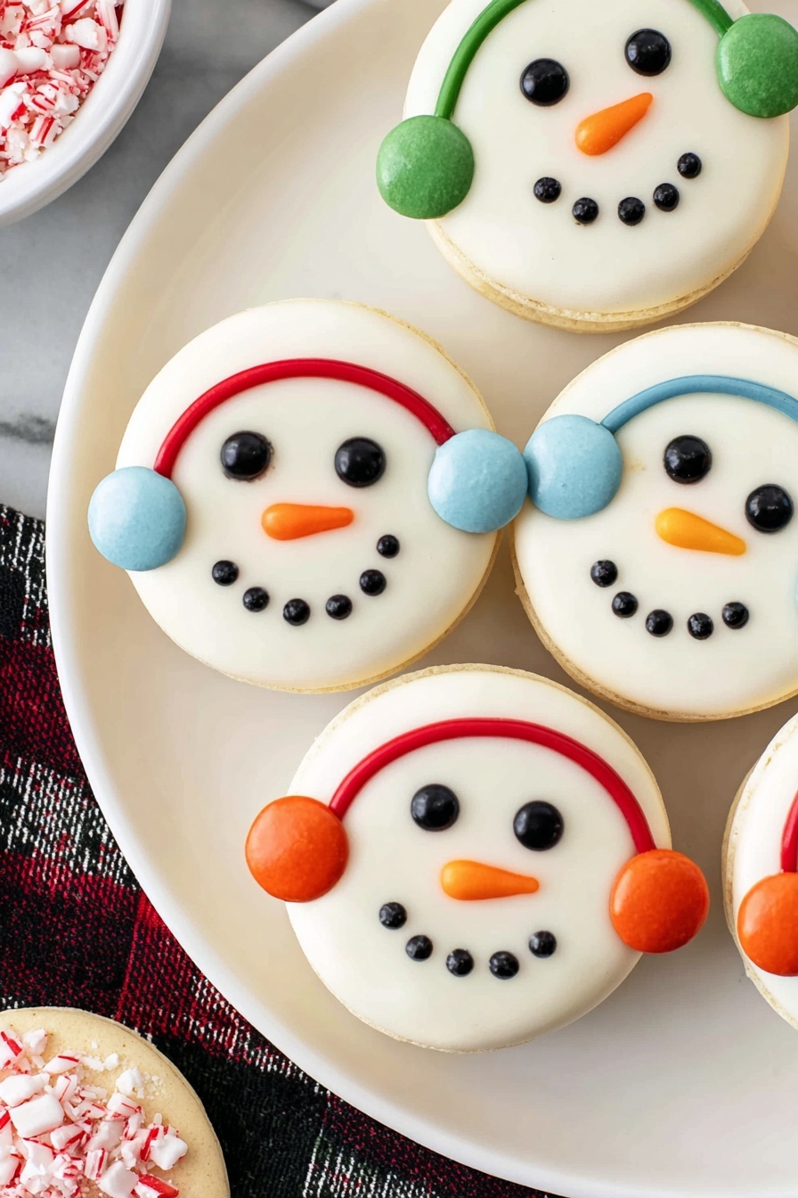 A white plate holds eight round snowman face cookies, each decorated with a white base and colorful candy earmuffs in red, blue, green, yellow, or orange on the sides. The snowmen have small black eyes and a mouth made of tiny black dots, with an orange candy nose resembling a carrot. Each cookie also has a colored sugar strip at the top resembling a hat. The plate sits on a white marbled surface with a red, white, and black plaid cloth underneath. To the top right, a white mug filled with hot chocolate and small marshmallows is partially visible. In the corners, other decorated cookies with red-and-white designs add to the festive scene. Photo taken with an iphone --ar 2:3 --v 7