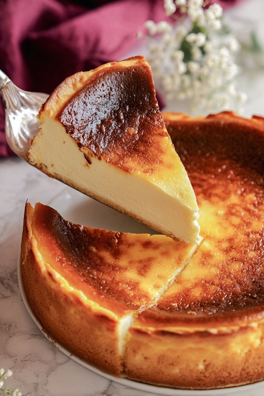 A round cheesecake with one slice being lifted by a metal spatula, showing a thick creamy light yellow middle layer with a golden brown top that is slightly darker near the edges. The crust around the bottom edge is a light golden color, and the cheesecake sits on a white plate placed on a white marbled surface with some blurred white flowers and a dark pink cloth in the background. Photo taken with an iphone --ar 2:3 --v 7