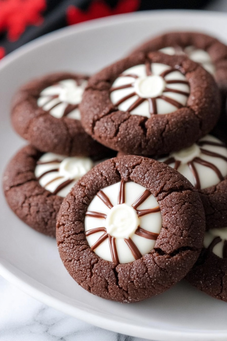 The image shows a close-up of several dark brown cookies arranged on a white plate. Each cookie has one central white layer with a smooth texture, decorated with thin brown lines radiating from a small white dot in the middle, resembling a simple flower or spider web pattern. The outer cookie layer looks soft with a slightly cracked surface that adds texture. The white plate and cookies sit on a white marbled surface in the background. photo taken with an iphone --ar 2:3 --v 7