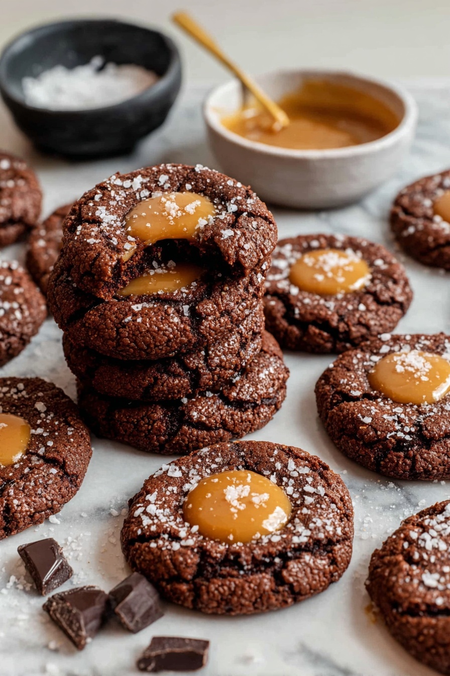 The image shows a group of five stacked dark brown cookies with cracked texture on a white marbled surface, each cookie having a smooth, shiny light caramel-colored dollop in the center sprinkled with coarse white salt. Around the stack lie more cookies of the same type, similarly topped with the caramel dollop and salt. In the lower right corner, a small white bowl contains extra caramel sauce with a gold spoon dipped inside. In the upper left background, a black bowl holds coarse white salt. The cookies appear rich and soft, and one cookie on the stack has a bite taken out, showing a slightly chewy inside. Scattered dark chocolate chunks are visible around the cookies. Photo taken with an iphone --ar 2:3 --v 7