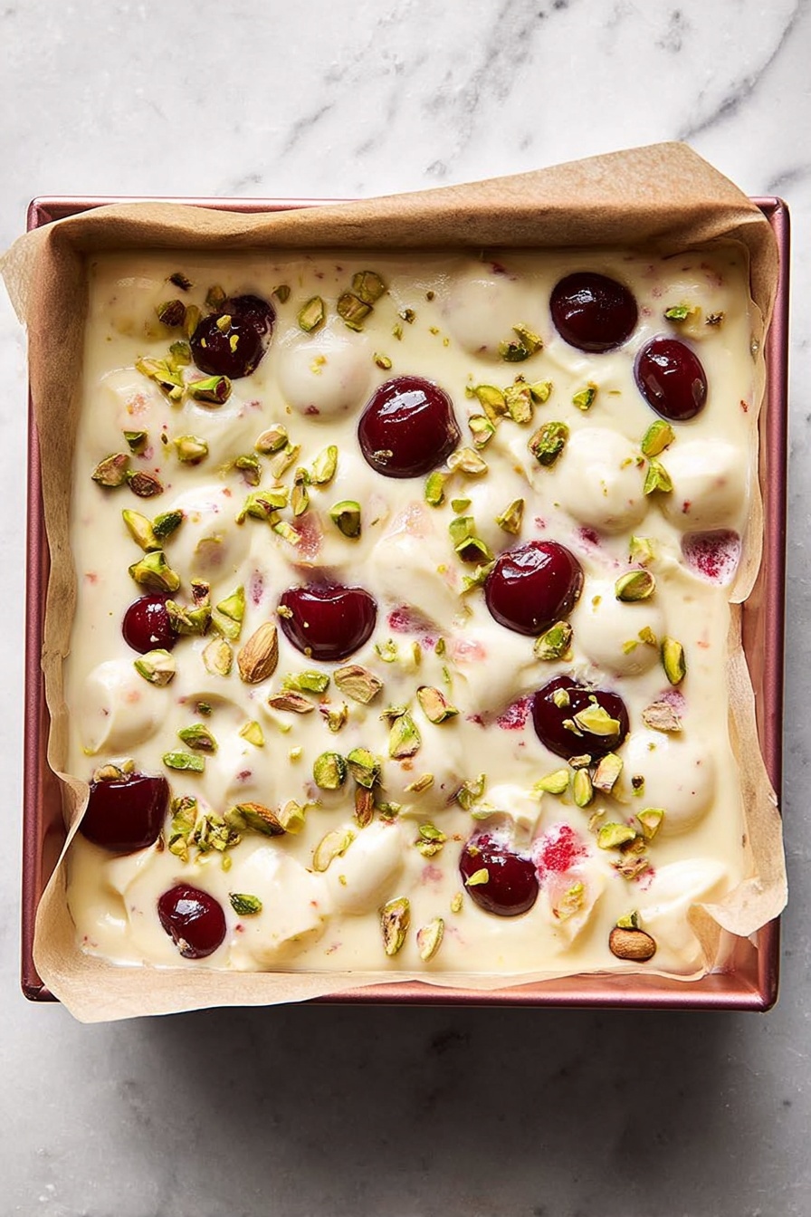 The image shows several clear plastic bags filled with white nougat pieces that have red cherries and green pistachio nuts inside. Each bag is tied with a red ribbon that says