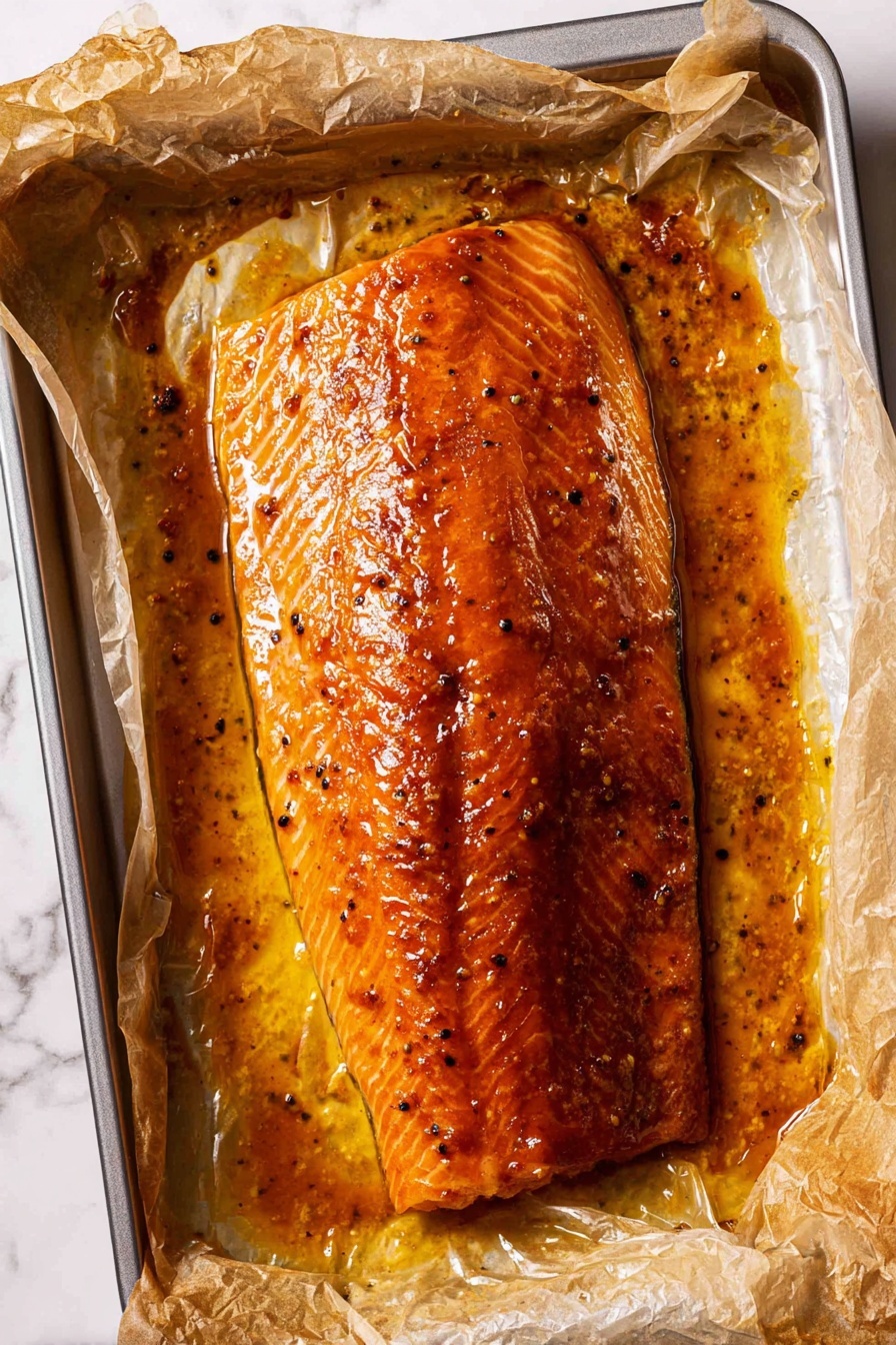 The dish shows a thick piece of cooked salmon with a light pink and flaky texture, sitting on a white marbled surface. It is topped with a creamy white sauce that spreads thinly over the salmon. On top of the sauce is a colorful mix of bright red pomegranate seeds, dark raisins, light toasted slivered almonds, and finely chopped green herbs scattered evenly. A fork is placed near the salmon, breaking off a tender piece. The sauce and toppings spill slightly around the base, adding a mix of textures and colors around the salmon. Photo taken with an iphone --ar 2:3 --v 7