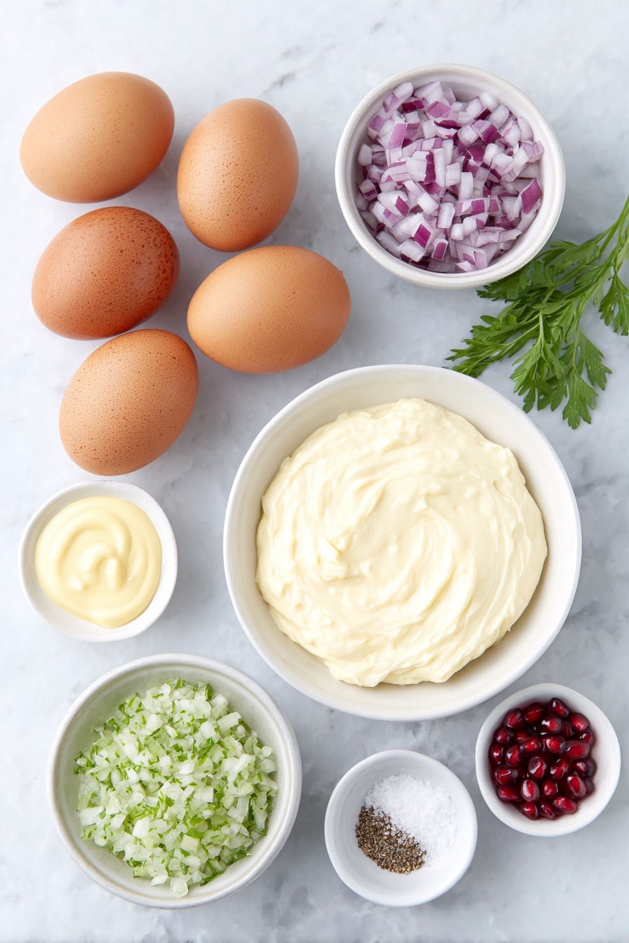Flat lay of six large whole brown eggs with clean shells, a small white bowl of creamy mayonnaise, a small white bowl of bright yellow Dijon mustard, a small white bowl filled with finely minced green dill pickles, a small white bowl holding diced vibrant purple-red onion, a small white bowl with ground black pepper, a small white bowl of fine white salt, a small white bowl of deep red paprika powder, a few fresh green parsley sprigs, and scattered bright red pomegranate seeds artfully arranged on a simple white ceramic plate, placed on a clean white marble surface, soft natural light, photo taken with an iPhone, professional food photography style, fresh ingredients, white ceramic bowls, no bottles, no duplicates, no utensils, no packaging --ar 2:3 --v 7 --p m7354615311229779997