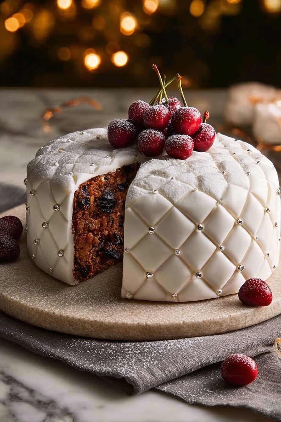The cake is round with one slice removed, showing a dark brown inner layer filled with small bits of nuts or fruits. The outer layer is covered in smooth white icing with a quilted pattern created by small silver balls at the intersections. On top of the cake, there is a pile of fresh deep red cherries with stems, some dusted lightly with powdered sugar. The cake sits on a round beige stone board placed over a textured dark cloth, all set on a white marbled surface. photo taken with an iphone --ar 2:3 --v 7