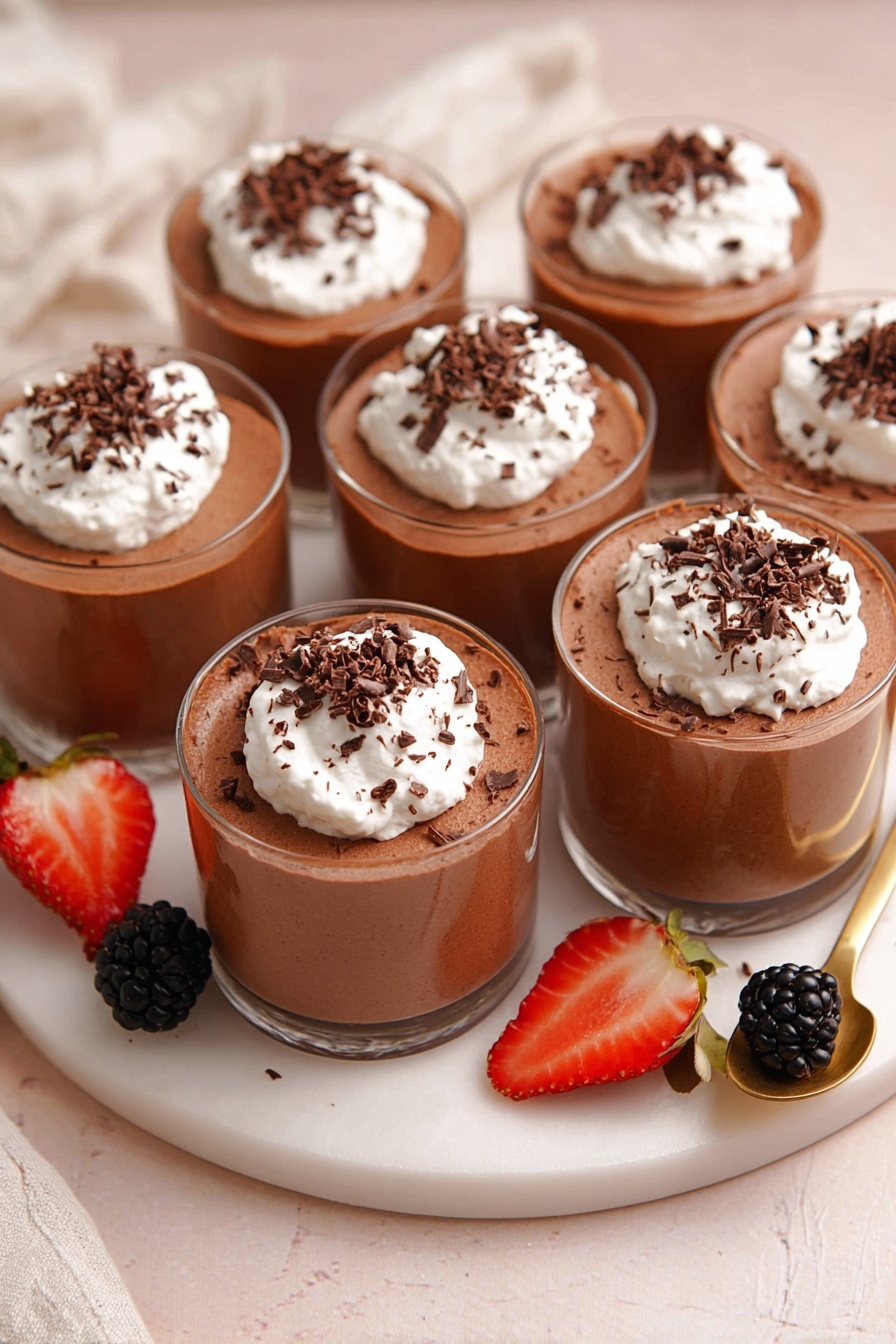 Six clear glass cups filled with two layers of chocolate mousse; the bottom layer is a denser, darker brown while the top layer is a lighter, airy brown. Each cup is topped with a dollop of white whipped cream, sprinkled with small dark chocolate shavings. The cups are arranged close together on a round white plate that sits on a white marbled surface. Around the cups on the plate are sliced red strawberries and black blackberries scattered decoratively. A gold spoon lies on the plate with a blackberry resting on its bowl. Photo taken with an iphone --ar 2:3 --v 7