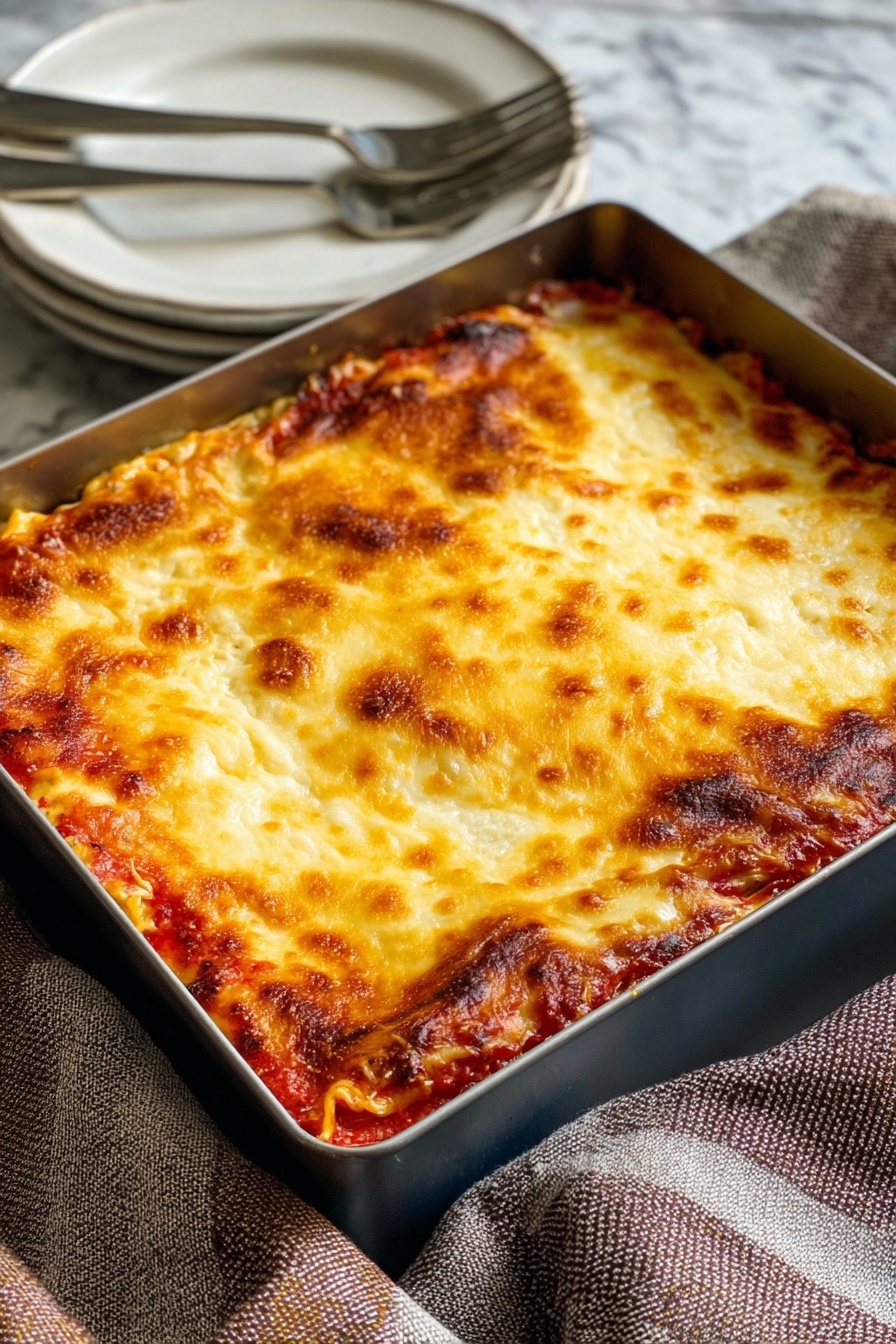 The image shows a square metal baking pan filled with a baked dish that has a thick, golden brown cheesy top layer with some darker browned spots. Underneath the cheese, you can see a thin red sauce layer peeking out at the edges. The pan sits on a cloth with a gray and brown striped pattern. In the background, two white plates with silver forks on them are partially visible resting on a white marbled surface. The cheese layer is smooth on top but has a melted, slightly bubbly texture around the edges. photo taken with an iphone --ar 2:3 --v 7