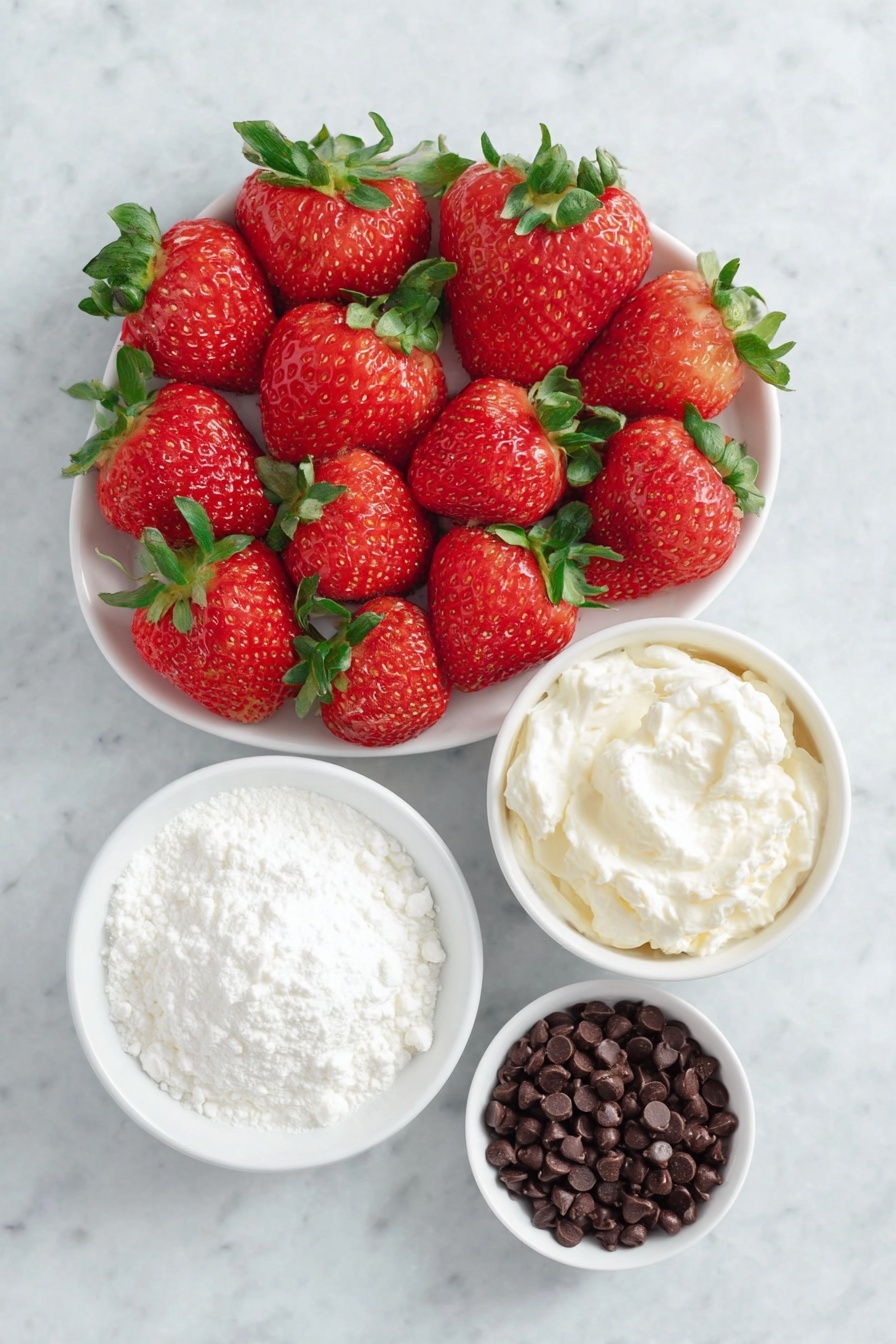 Flat lay of twelve fresh whole strawberries with green leafy tops, a small white ceramic bowl of softened cream cheese, a small white ceramic bowl of powdered sugar, a small white ceramic bowl of heavy cream, a small white ceramic bowl of vanilla extract, and a small white ceramic bowl filled with mini chocolate chips, all arranged symmetrically with perfect natural freshness, placed on a clean white marble surface, soft natural light, photo taken with an iPhone, professional food photography style, fresh ingredients, white ceramic bowls, no bottles, no duplicates, no utensils, no packaging --ar 2:3 --v 7 --p m7354615311229779997