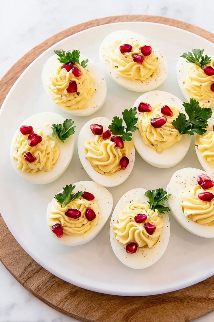 A white plate holds eight halved boiled eggs arranged in two rows, each with smooth white egg whites as the base. On top of each half is a creamy, pale yellow filling that is swirled with light ridges and small specks of seasoning. Each egg half is decorated with a few bright red pomegranate seeds and a small green parsley leaf, placed on one side of the filling. The plate sits on a round wooden board, and the background is a white marbled texture. photo taken with an iphone --ar 2:3 --v 7