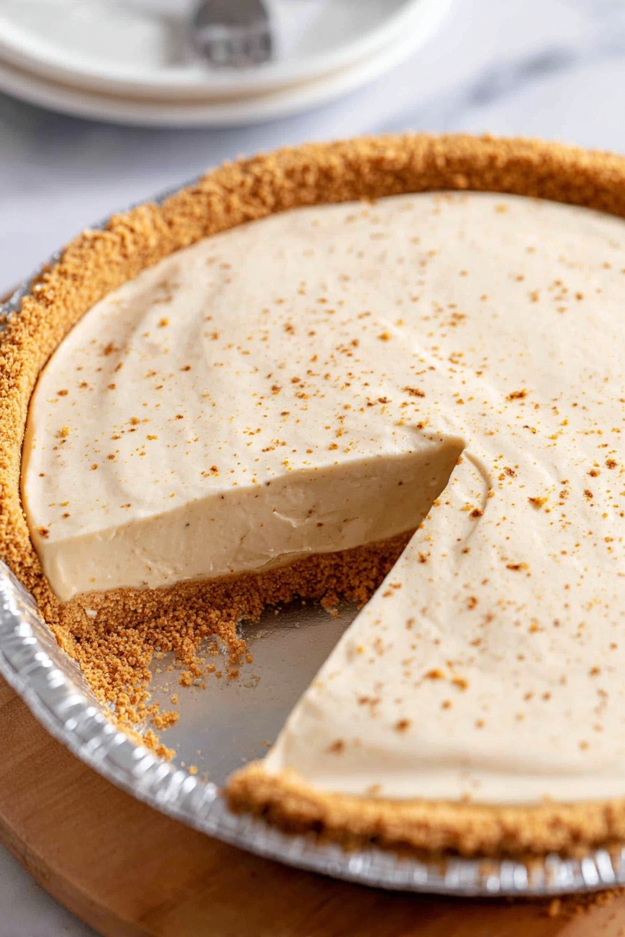 A close-up view of a creamy pie with two main layers: a thick, light brown crumb crust base and a smooth, pale cream filling layer on top, sprinkled lightly with small brown specks, all in a silver pie dish resting on a wooden board; one slice is removed, showing the creamy texture of the filling and crumbly crust edges against a white marbled surface in the background photo taken with an iphone --ar 2:3 --v 7