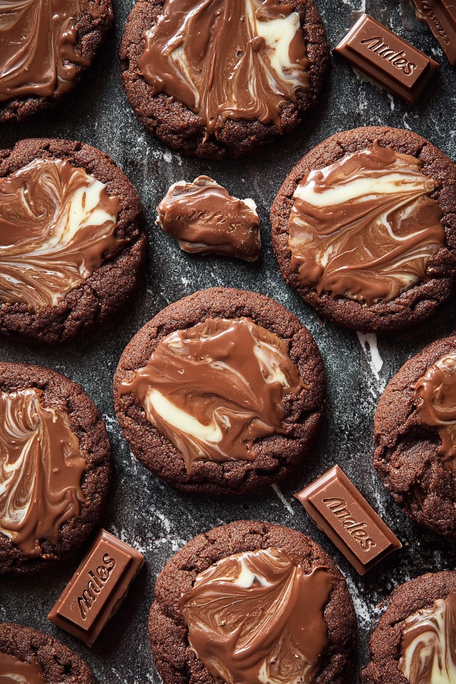 The image shows a group of round chocolate cookies laid out on a dark textured baking tray with a white marbled texture underneath. Each cookie has a thick, shiny layer of swirled milk and white chocolate spread on top, creating a marbled effect with smooth and slightly wavy textures. Around the cookies, small rectangular pieces of Andes chocolate, dark brown with the Andes logo embossed, are placed randomly. The cookies have a rich dark brown color and a slightly rough, bumpy surface beneath the glossy chocolate layer. photo taken with an iphone --ar 2:3 --v 7