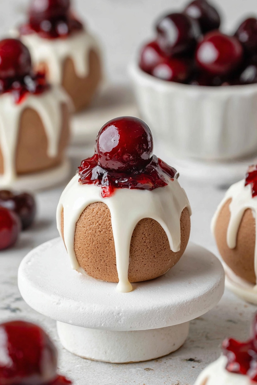 The image shows a close-up of a round dessert ball with three clear layers: the bottom is a smooth light brown base, the middle is a darker brown textured layer shaped like a sphere, and the top has white cream dripping down the sides. On the very top sits a shiny, deep red cherry. The dessert is placed on a round white stand on a white marbled surface. More similar dessert balls are in the background and foreground, some in a white bowl filled with dark red cherries. photo taken with an iphone --ar 2:3 --v 7