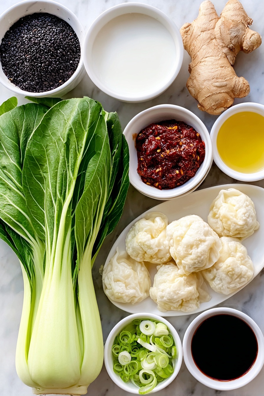 Flat lay of a fresh whole bulb of bok choy with vibrant green leaves, a whole zucchini sliced lengthwise to show pale green interior, a small fresh ginger root cube, a single large unpeeled garlic clove, a small white ceramic bowl filled with smooth white coconut milk, a small white ceramic bowl with deep red glossy red curry paste, a small white ceramic bowl holding dark amber soy sauce, a small white ceramic bowl of clear rice vinegar, a small white ceramic bowl with golden honey, a small white ceramic bowl containing rich dark sesame oil, a handful of uncooked frozen veggie dumplings arranged evenly, a few sprigs of bright green cilantro, some sliced green onions showing white and green rings, a small white ceramic bowl with black and white sesame seeds, a small white ceramic bowl with vibrant red chili crisp oil all placed neatly on a clean white marble surface, soft natural light, photo taken with an iPhone, professional food photography style, fresh ingredients, white ceramic bowls, no bottles, no duplicates, no utensils, no packaging --ar 2:3 --v 7 --p m7354615311229779997