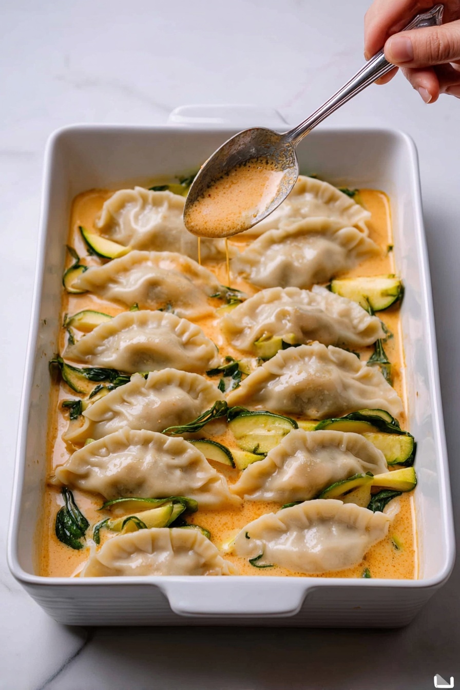 A white bowl holds a dish with three main layers: on the right side, there is a neat mound of white steamed rice with soft, fluffy grains; to the left and front, several golden-brown dumplings are soaked and slightly covered with a rich, creamy orange sauce that pools around the base, giving a smooth and thick texture. The dumplings show some crispy edges and are topped with small green onion slices and sesame seeds, adding color and texture. Fresh green cilantro leaves are placed among the dumplings as garnish. Below, a white tray contains more dumplings covered in the same orange sauce and garnished with sesame seeds and cilantro leaves. A pair of wooden chopsticks with blue and white patterns rests on the white marbled surface next to the bowl. Photo taken with an iphone --ar 2:3 --v 7