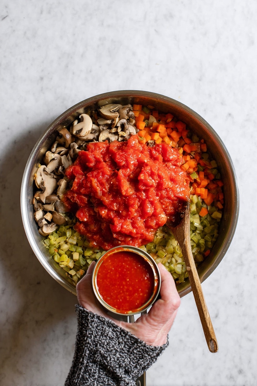 The image shows a close-up of a slice of lasagna being lifted from a white baking dish by a utensil. The lasagna has multiple layers of pasta sheets in light golden color, alternating with thick layers of a rich brown lentil and tomato sauce mixed with diced vegetables. A golden-brown melted cheese layer sits on top with a slightly crispy texture. The background is softly blurred with a green plant, and the surface underneath is a white marbled texture. photo taken with an iphone --ar 2:3 --v 7
