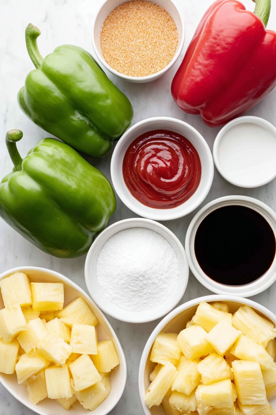 Flat lay of fresh green bell pepper pieces, fresh red bell pepper pieces, a small white ceramic bowl of golden brown sugar crystals, a small white ceramic bowl of clear white vinegar, a small white ceramic bowl of bright red ketchup, a small white ceramic bowl of pale white cornstarch powder, a small white ceramic bowl of dark soy sauce, a small white ceramic bowl of fresh bright yellow pineapple chunks, placed on a clean white marble surface, soft natural light, photo taken with an iPhone, professional food photography style, fresh ingredients, white ceramic bowls, no bottles, no duplicates, no utensils, no packaging --ar 2:3 --v 7 --p m7354615311229779997