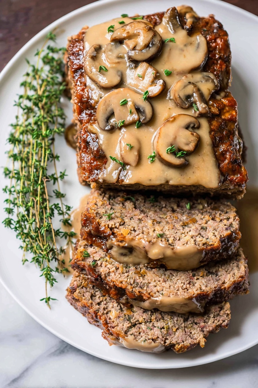 A white plate holds a sliced meatloaf with a slightly rough brown crust and a speckled, moist inside in shades of light to dark brown. The meatloaf is topped with creamy light brown mushroom sauce that has visible whole and sliced mushrooms scattered on top. Fresh green thyme sprigs rest next to the meatloaf on the left side of the plate. The scene is set on a white marbled surface. photo taken with an iphone --ar 2:3 --v 7