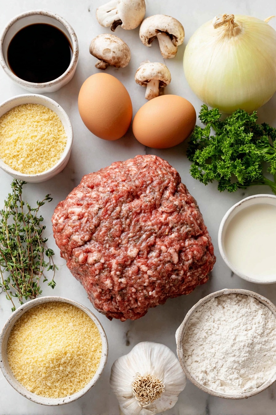 Flat lay of fresh ground chuck shaped into a rough mound, a small white ceramic bowl filled with golden homemade breadcrumbs, a sprig of vibrant green parsley leaves, a few fresh thyme sprigs with delicate green leaves, a small white ceramic bowl holding deep brown Worcestershire sauce, two whole brown eggs with clean uncracked shells, two cloves of fresh garlic with papery white skins, a medium yellow onion halved to show its layers, a small white ceramic bowl with creamy whole milk, a quarter of white button mushrooms thinly sliced, a small white ceramic bowl containing pale flour, a small white ceramic bowl with rich brown pan drippings, a small white ceramic bowl filled with dark reddish-brown beef stock, placed on a clean white marble surface, soft natural light, photo taken with an iPhone, professional food photography style, fresh ingredients, white ceramic bowls, no bottles, no duplicates, no utensils, no packaging --ar 2:3 --v 7 --p m7354615311229779997