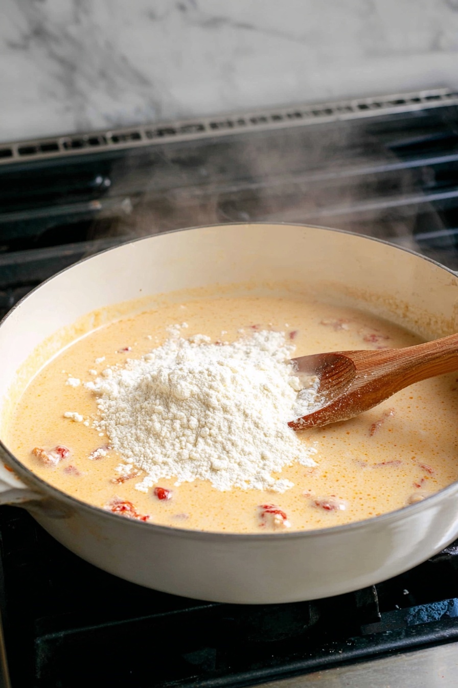A deep white bowl holds a serving of creamy pasta with three main layers: long yellow spaghetti noodles twirled in the bottom and middle, topped with thick strips of light brown cooked chicken mixed throughout, all coated in a rich orange sauce with a smooth texture. Small green basil leaves and bits of spinach are scattered on top, adding touches of fresh green color. The bowl sits on a wooden board placed over a white marbled surface, with a silver fork in the bottom right corner. Photo taken with an iphone --ar 2:3 --v 7