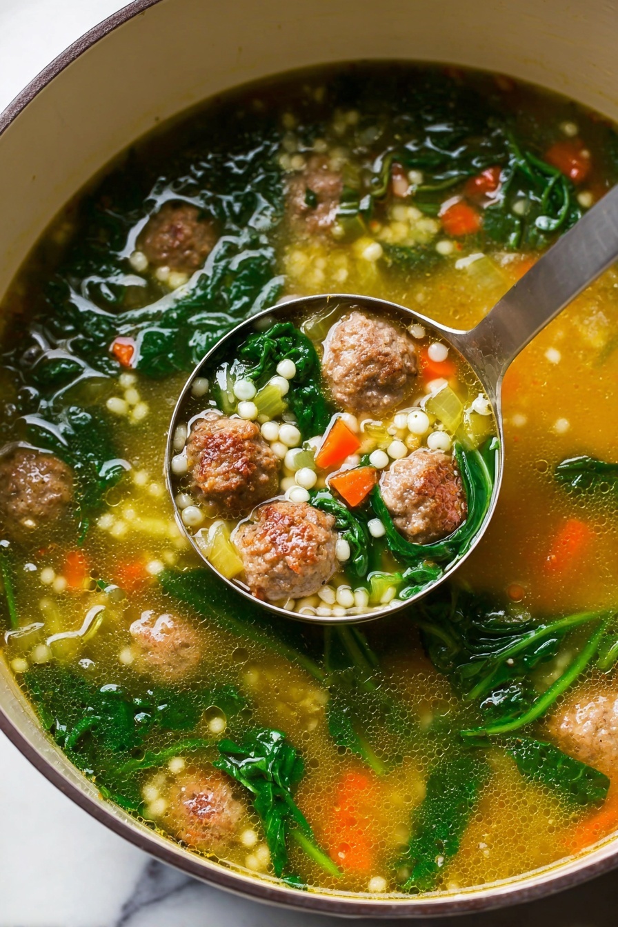 This image shows a close-up of a soup in a large white pot with a ladle inside. The soup has several layers: small browned meatballs, bright green spinach leaves, small orange carrot pieces, pale yellow celery slices, and tiny round white pasta balls, all floating in a clear golden broth. The ladle holds a mix of these ingredients, showing the layers clearly – meatballs and spinach resting on the top with carrots and pasta around. The soup surface and pot edge are visible against a white marbled texture background. Photo taken with an iphone --ar 2:3 --v 7
