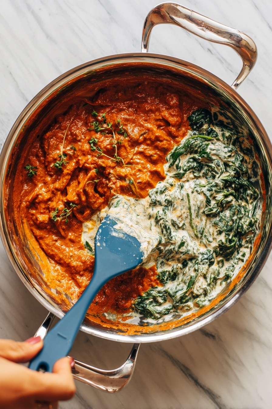 A white bowl holds a dish with two main layers: the first layer is short, thick pasta tubes coated with a creamy orange sauce, giving a smooth, slightly shiny look; the second layer consists of round slices of brown sausage mixed with dark green leafy spinach and dark, irregular sun-dried tomato pieces evenly scattered on top and mixed in; the dish is sprinkled with small white Parmesan cheese shavings and a light dusting of black pepper, all placed on a white marbled surface. Photo taken with an iphone --ar 2:3 --v 7