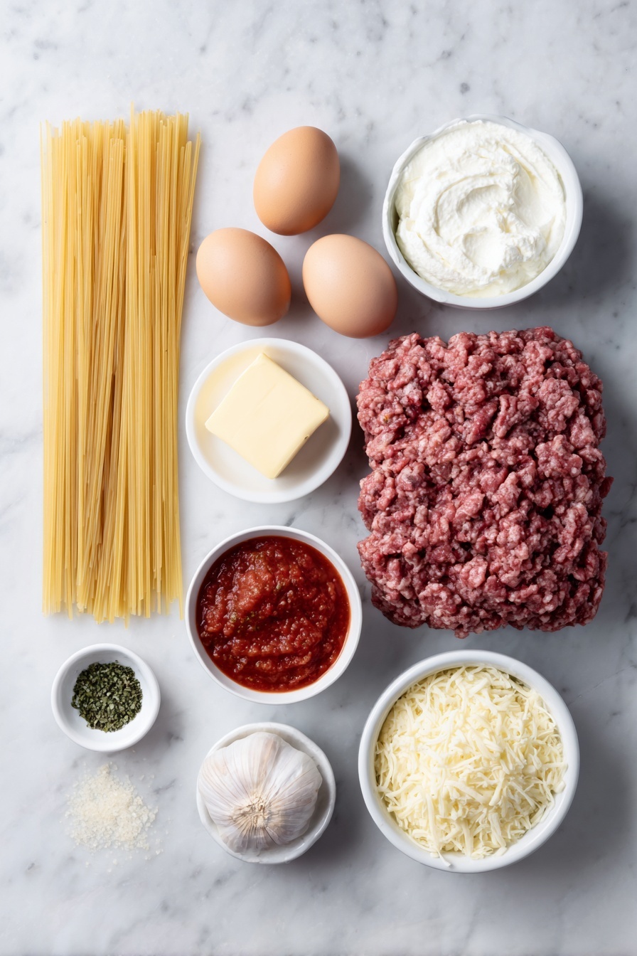 Flat lay of a bundle of uncooked spaghetti pasta, a stick of pale yellow butter, two whole uncracked brown eggs, a small white ceramic bowl of creamy ricotta cheese, a small white ceramic bowl of smooth cream cheese, a small white ceramic bowl of grated parmesan cheese, a small white ceramic bowl of shredded mozzarella cheese, a small white ceramic bowl of bright red marinara sauce, a portion of raw ground beef, a small fresh yellow onion, four peeled garlic cloves, and a few sprigs of fresh dried basil, parsley, and oregano sprinkled neatly on the surface, all placed on a clean white marble surface, soft natural light, photo taken with an iPhone, professional food photography style, fresh ingredients, white ceramic bowls, no bottles, no duplicates, no utensils, no packaging --ar 2:3 --v 7 --p m7354615311229779997