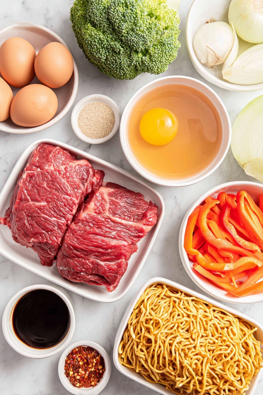 Flat lay of fresh top sirloin steak slices seasoned with salt and pepper, whole uncracked brown eggs, bright green broccoli florets, a yellow onion cut into chunks, a red bell pepper cut into chunks, julienned fresh orange carrots, uncooked golden Lo Mein noodles neatly coiled, three whole garlic cloves, small white ceramic bowls filled with rich brown beef broth, pale golden chicken broth, dark soy sauce, glossy brown sugar crystals, reddish hot sauce, a bowl of toasted sesame oil, a bowl of ground ginger powder, a pinch of red pepper flakes in a tiny white dish, arranged in perfect symmetry on a clean white marble surface, soft natural light, photo taken with an iPhone, professional food photography style, fresh ingredients, white ceramic bowls, no bottles, no duplicates, no utensils, no packaging --ar 2:3 --v 7 --p m7354615311229779997