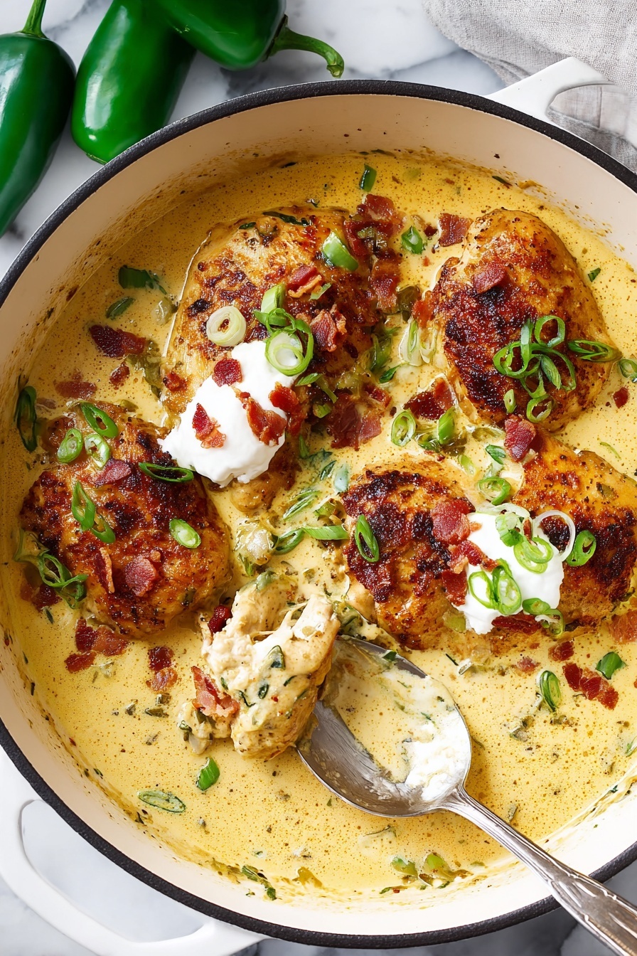 A white pot filled with six browned chicken pieces sitting in a thick, creamy yellow sauce with visible chunks of green pepper. The sauce covers the chicken unevenly, with some pieces topped by dollops of cream and sprinkled with small green onion slices and crispy bacon bits. A silver spoon rests on the right side, slightly dipping into the sauce and touching a chicken piece. The background shows a white marbled surface with two whole green peppers in the upper left corner. Photo taken with an iphone --ar 2:3 --v 7