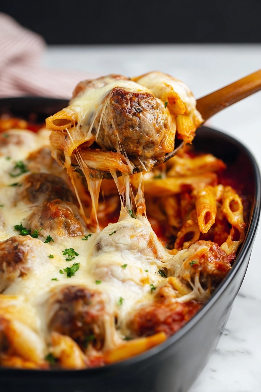 A black baking dish filled with baked pasta and meatballs is shown. The dish has a red tomato sauce base with penne pasta mixed in. On top, there are browned meatballs scattered in a layer. The top layer is melted cheese that is creamy white with golden-brown spots, slightly bubbling and stretched as a spoon lifts a portion. Small green parsley bits are sprinkled over the cheese. The background and surface are white marbled texture. Photo taken with an iphone --ar 2:3 --v 7
