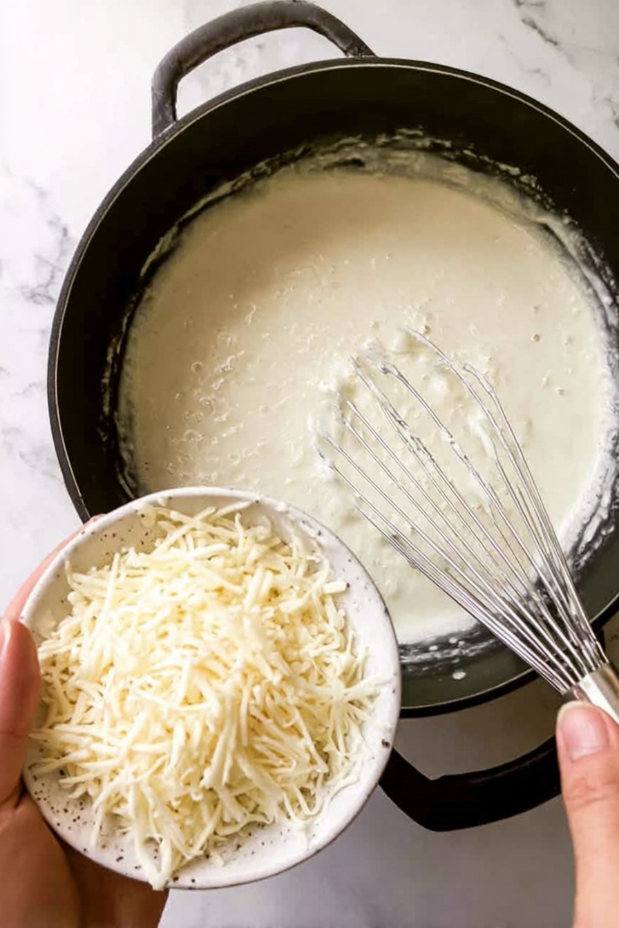 A bowl filled with creamy white fettuccine pasta covered with a light sauce, sprinkled with chopped green herbs and small red chili flakes on top. The pasta strands are tangled and soft, resting in a white ceramic bowl with a brown rim. Two vintage silver forks lie crossed inside the bowl on the left side of the pasta. The bowl is set on a white marbled surface, and a small part of a bowl with more green herbs is visible in the upper left corner. Photo taken with an iphone --ar 2:3 --v 7