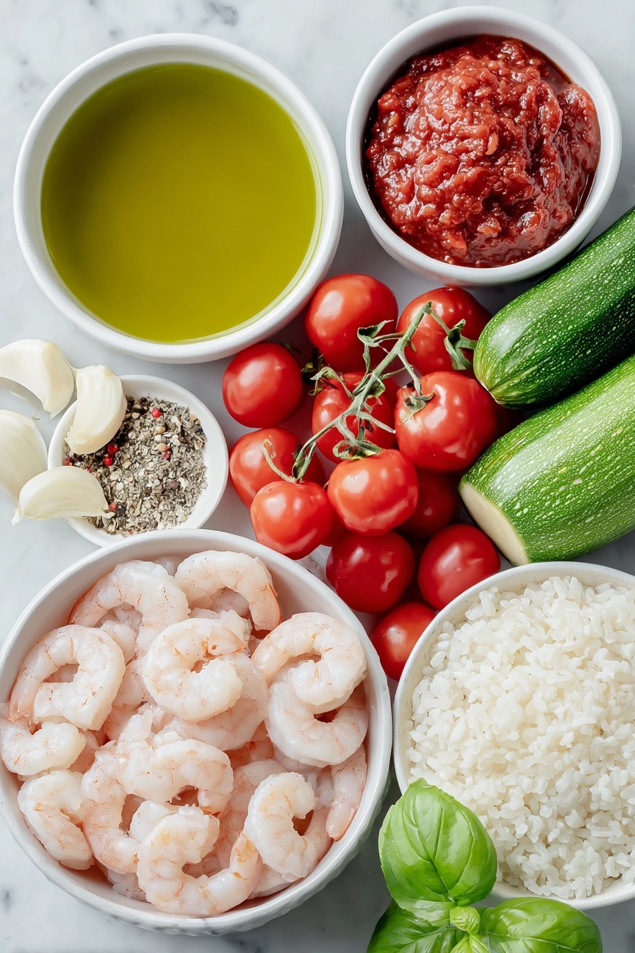 Flat lay of a small white ceramic bowl of olive oil, a white ceramic bowl of tomato paste, a white ceramic bowl of vibrant chicken broth, a cluster of fresh halved cherry tomatoes, a whole zucchini chopped, two cloves of garlic, a heap of white rice, a pile of peeled and deveined raw shrimp, fresh bright green basil leaves, and a small white bowl containing a blend of Italian seasoning, salt, black pepper, and red pepper flakes, all arranged with perfect symmetry on a clean white marble surface, soft natural light, photo taken with an iPhone, professional food photography style, fresh ingredients, white ceramic bowls, no bottles, no duplicates, no utensils, no packaging --ar 2:3 --v 7 --p m7354615311229779997