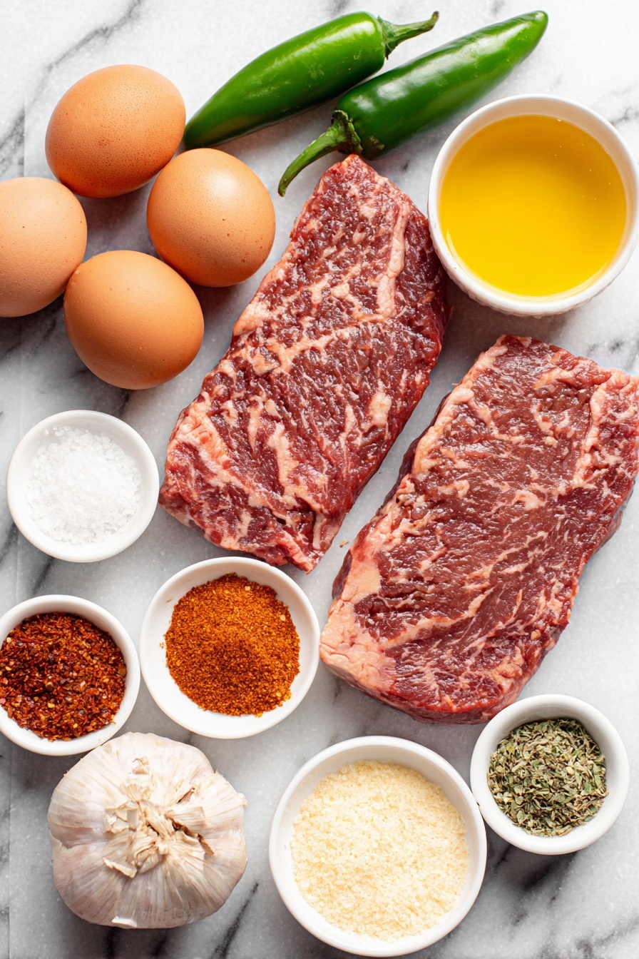Flat lay of two fresh raw strip steaks with rich marbling, four whole uncracked brown eggs, four peeled garlic cloves, a sliced green jalapeño with seeds visible, a small white ceramic bowl of golden avocado oil, another small white ceramic bowl filled with a vibrant red-orange smoked paprika powder, a separate small white ceramic bowl containing coarse kosher salt crystals, a small white ceramic bowl holding fine white garlic powder, a small white ceramic bowl with light tan onion powder, a small white ceramic bowl with bright red cayenne powder, a small white ceramic bowl of deep red crushed red pepper flakes, a small white ceramic bowl filled with fine ground black pepper, a small white ceramic bowl of white pepper powder, a small white ceramic bowl containing dried oregano leaves, and a small white ceramic bowl with hot paprika powder — all arranged symmetrically and balanced on a clean white marble surface, soft natural light, photo taken with an iPhone, professional food photography style, fresh ingredients, white ceramic bowls, no bottles, no duplicates, no utensils, no packaging --ar 2:3 --v 7 --p m7354615311229779997