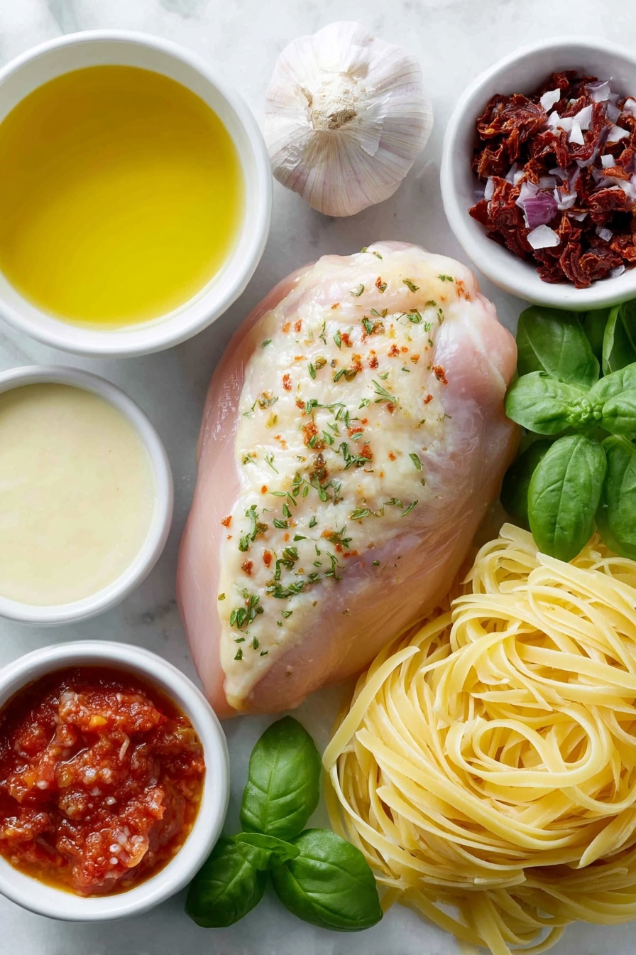 Flat lay of a single fresh raw chicken breast seasoned with smoked paprika, oregano, onion powder, salt, and black pepper, a small white ceramic bowl of sun dried tomato oil, a nest of uncooked linguine pasta, three fresh whole uncracked brown garlic cloves, a small white ceramic bowl with bright red tomato puree, a small white ceramic bowl of golden chicken stock, a small white ceramic bowl filled with creamy heavy cream, a small pile of finely diced deep red sun dried tomatoes, a small mound of freshly grated pale yellow Parmesan cheese, a small bunch of vibrant green fresh basil leaves, and a handful of fresh bright green baby spinach leaves all arranged symmetrically on a clean white ceramic plate placed on a clean white marble surface, soft natural light, photo taken with an iPhone, professional food photography style, fresh ingredients, white ceramic bowls, no bottles, no duplicates, no utensils, no packaging --ar 2:3 --v 7 --p m7354615311229779997