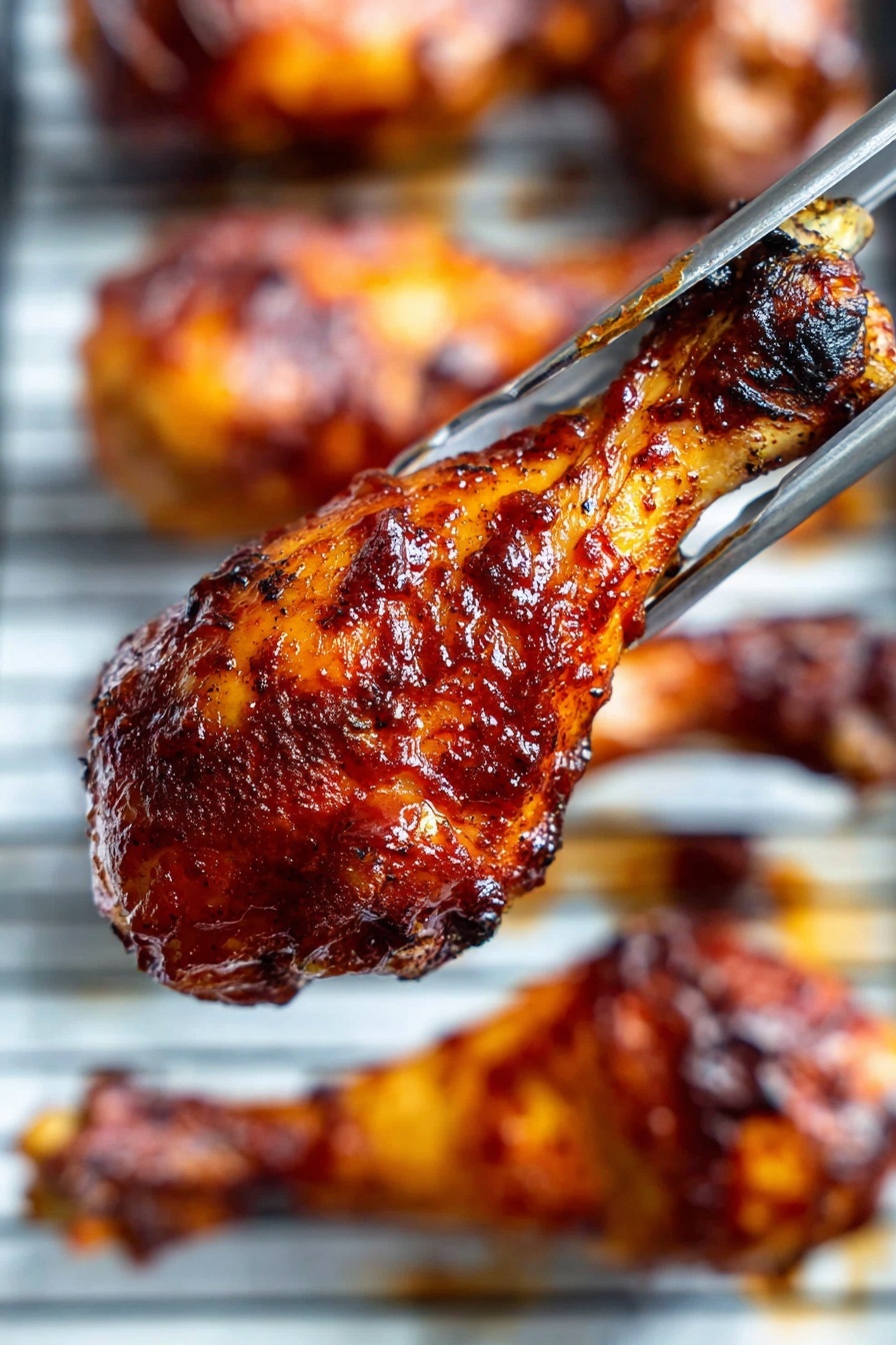 A close-up of a dark reddish-brown cooked chicken drumstick held by metal tongs in the foreground, showing a shiny, textured glaze on the skin. In the blurred background, several more drumsticks with the same glaze rest on a silver wire rack over a white marbled surface. The overall image highlights the sticky, caramelized surface of the chicken with a warm tone and slight charring. Photo taken with an iphone --ar 2:3 --v 7
