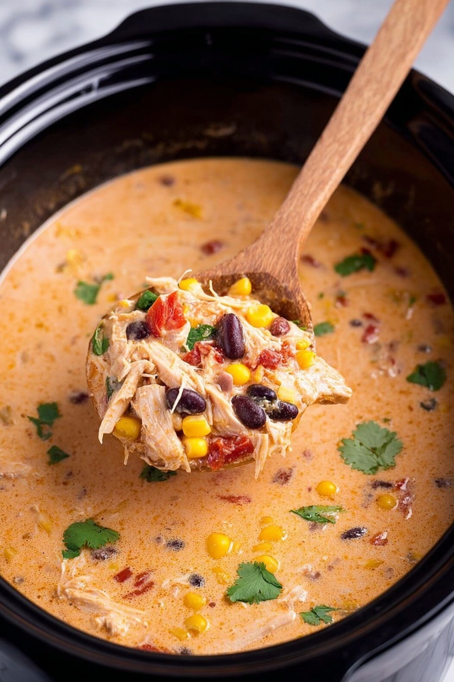 A close-up view of a black slow cooker filled with creamy soup. The soup has a light orange color with visible chunks of shredded white meat, black beans, yellow corn kernels, and small pieces of red peppers. Green cilantro leaves are scattered on top, adding a fresh contrast. A wooden spoon is lifting a scoop of soup, showing its thick texture and full mix of colorful ingredients. The background features a white marbled texture. photo taken with an iphone --ar 2:3 --v 7