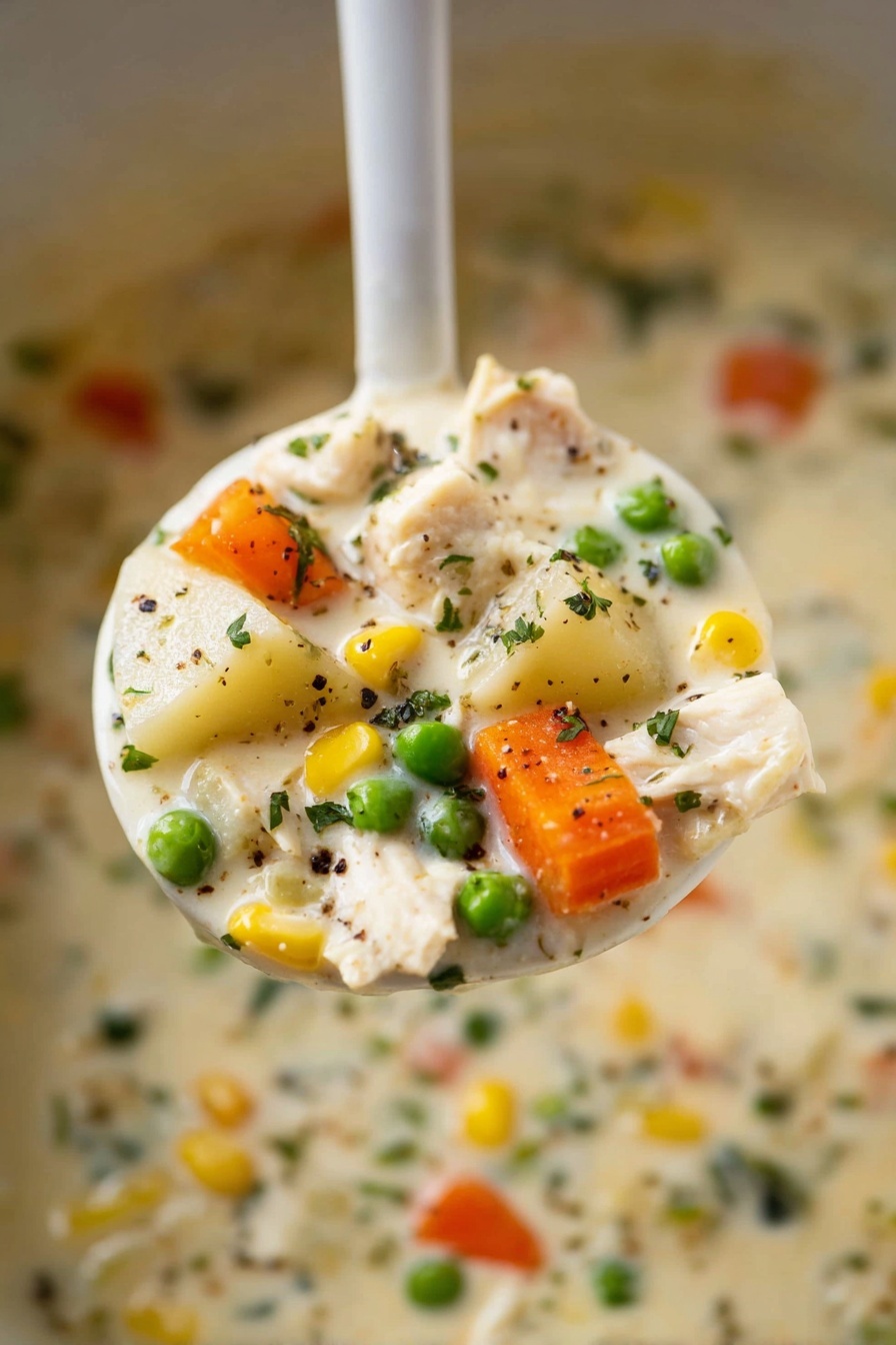 A white ladle holds thick creamy soup filled with multiple layers of diced light beige chicken pieces, soft white potato chunks, bright orange carrot slices, yellow corn kernels, and vibrant green peas, all mixed in a smooth, pale cream broth with specks of black pepper and green herbs sprinkled on top; the background shows more of the same soup resting on a white marbled surface. Photo taken with an iphone --ar 2:3 --v 7