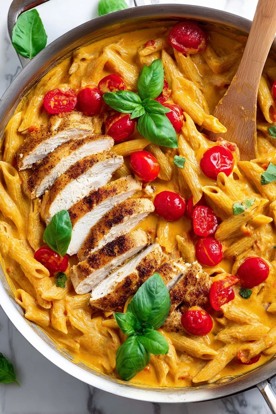 A white metal pan holds creamy orange penne pasta mixed with whole, bright red cherry tomatoes. On top, there are sliced grilled chicken pieces arranged in a neat row across the middle, showing white juicy inside and browned, seasoned outside. Fresh green basil leaves are scattered on the pasta, adding a fresh touch of color. A wooden spoon rests on the pan's edge, ready to stir, all set on a white marbled surface. photo taken with an iphone --ar 2:3 --v 7