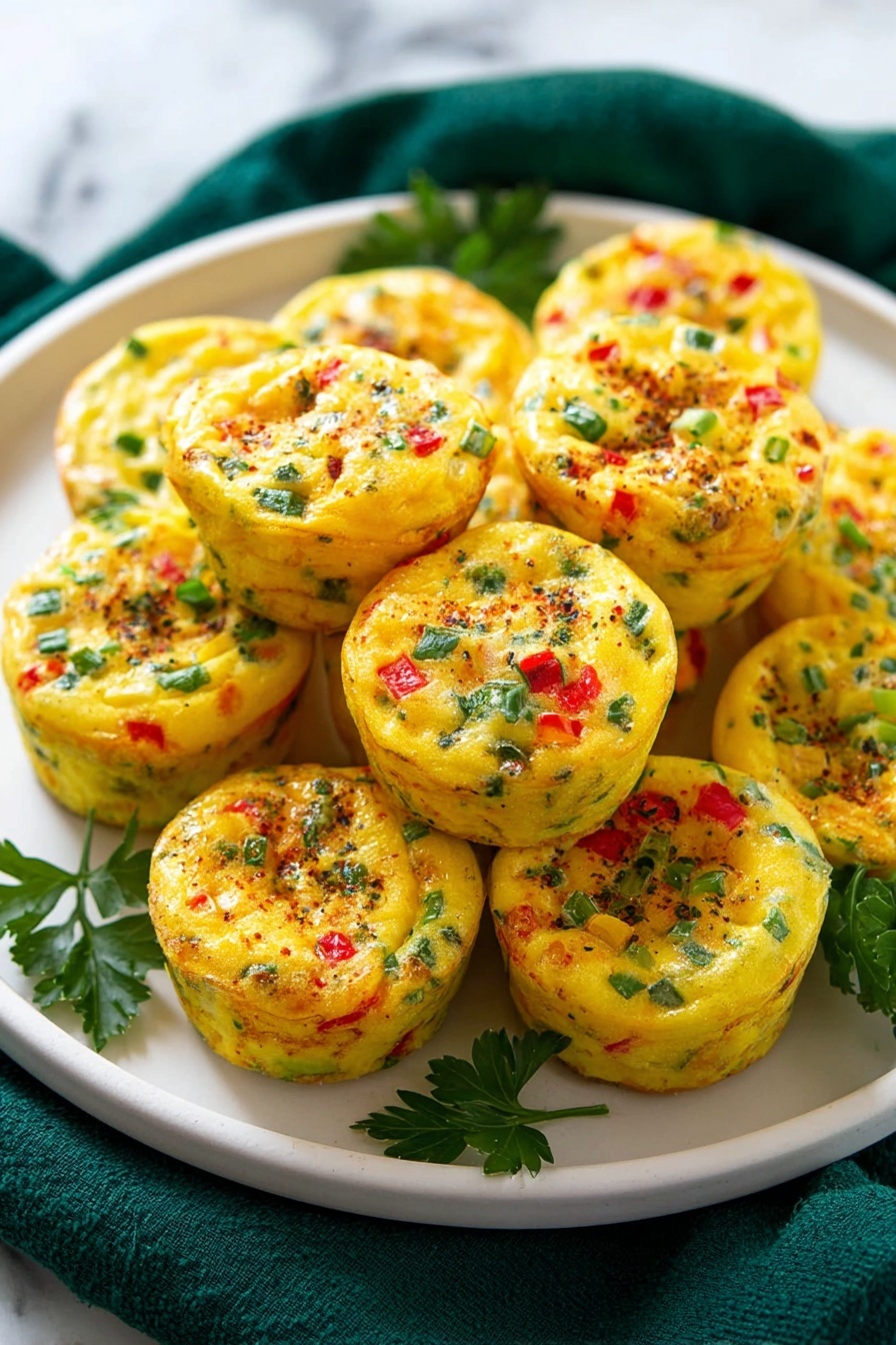 The image shows a white plate filled with about a dozen small, round egg muffins stacked softly on top of each other. Each muffin has a yellow base mixed with visible small pieces of red bell pepper, green herbs, and green onions spread evenly throughout. The texture looks soft and fluffy with tiny holes and a slightly browned surface on some muffins, giving a fresh baked look. Sprigs of green parsley are placed around the muffins on the plate. The plate sits on a dark green cloth on a white marbled surface. Photo taken with an iphone --ar 2:3 --v 7